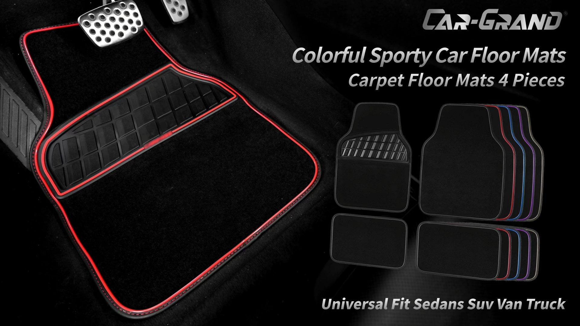 thumbnail video image 2 of CAR GRAND Premium Carpet Car Mats Front & Rear Non-slip Waterproof All Season All Weather Automotive Floor Mats Black Red, 2 of 7