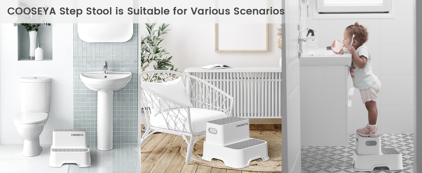 thumbnail video image 2 of COOSEYA 2-Tier Step Stool for kids (2 Pack), Toddler Step Stool for Bathroom , Anti-Slip Surface and Sturdy Premium Potty Stool , for Kitchen, Bedroom & Classroom, 2 of 9