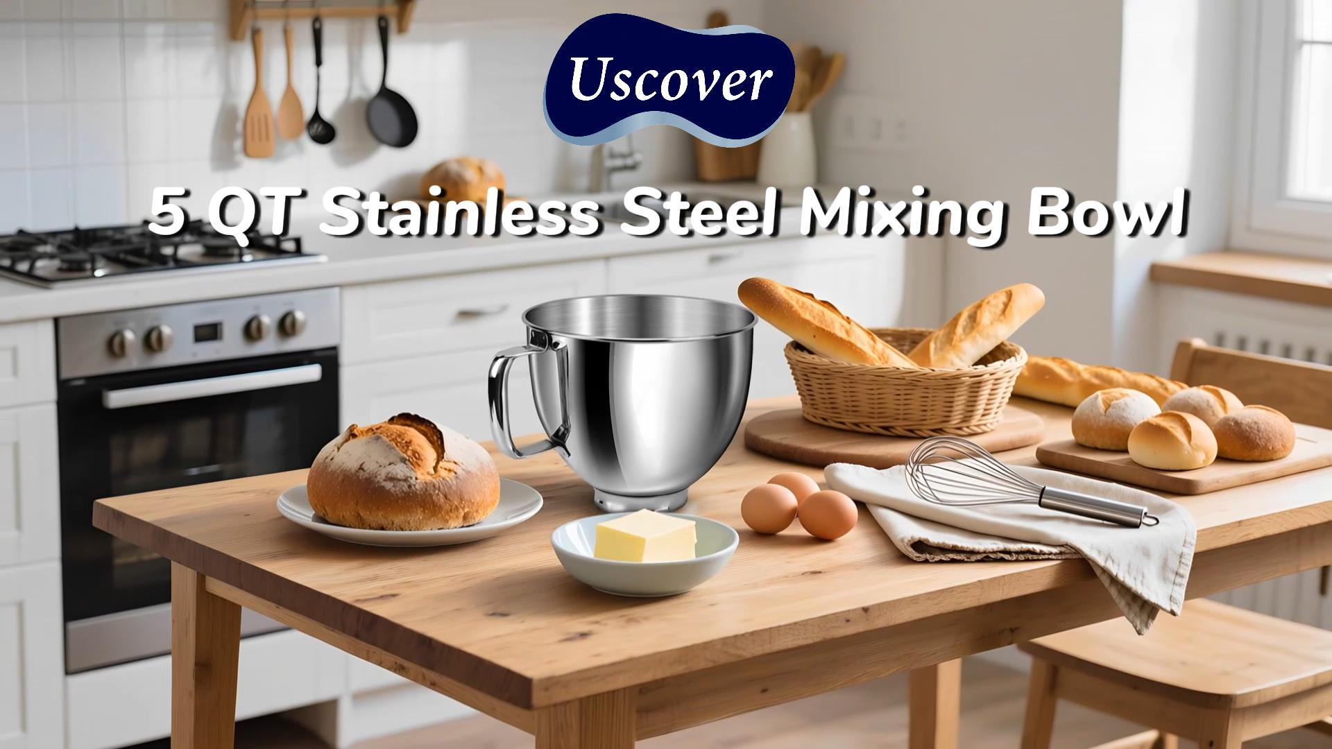 thumbnail video image 2 of Uscover 5QT Stainless Steel Mixer Bowl with Handle for KitchenAid 4.5/5QT Tilt-Head Stand Mixer, Dishwasher Safe, 2 of 13