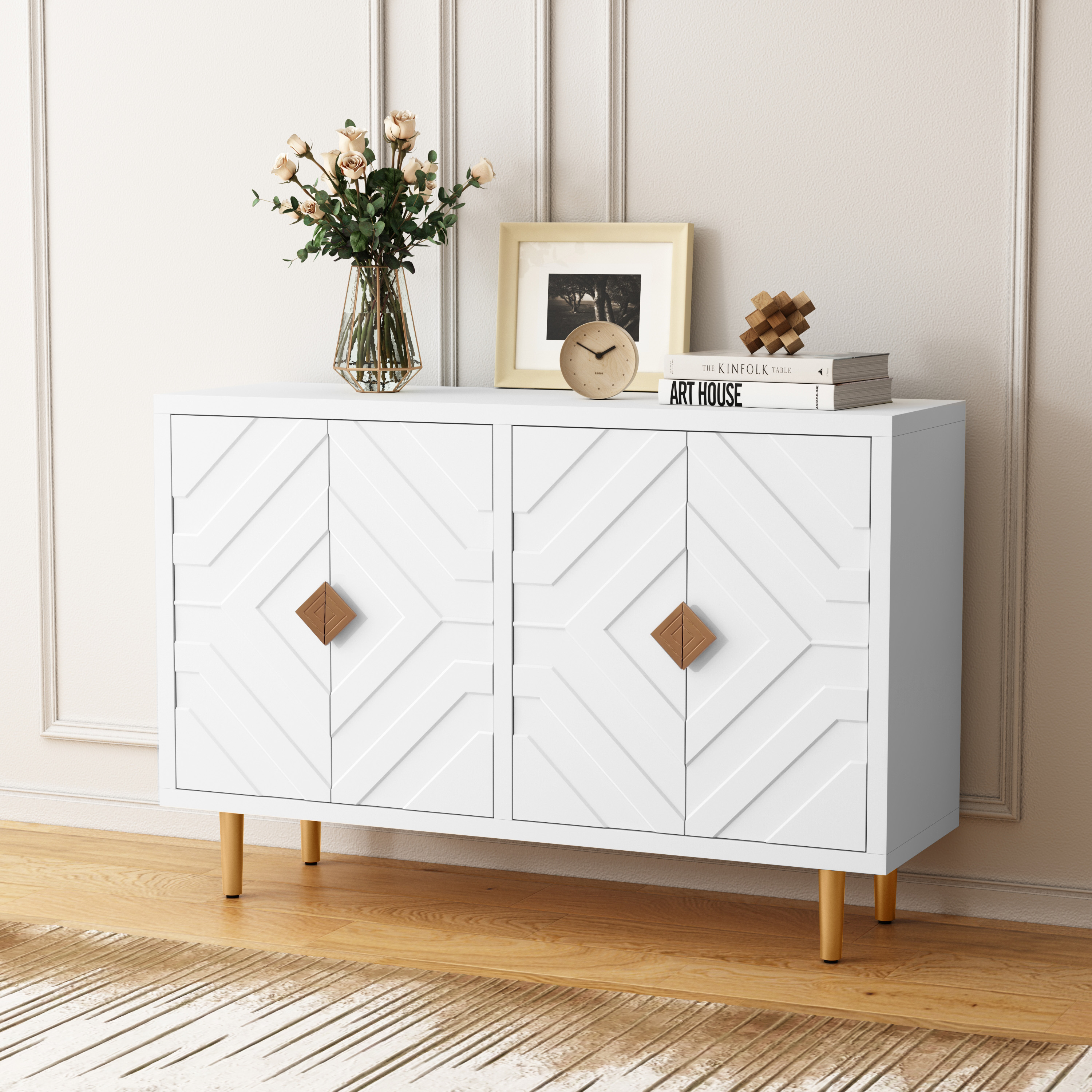 thumbnail video image 2 of HLR Navy Blue 48" Modern Accent Sideboard Buffet Cabinet with 4 Doors Storage & Shelves for Kitchen, 2 of 8