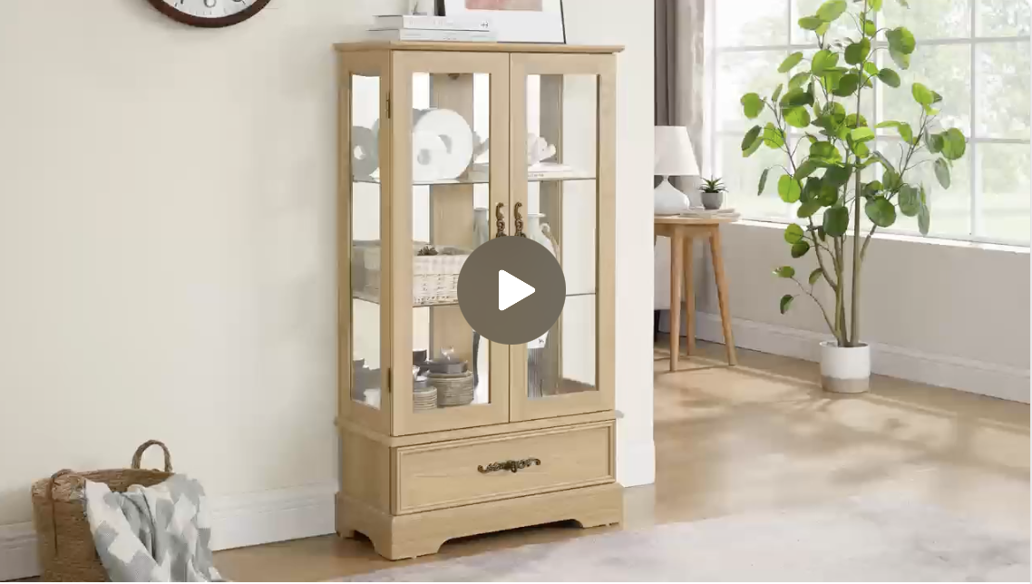 thumbnail video image 2 of CKEASEAN Lighted Curio Cabinet with Glass Shelves & Mirrored Back, Living Room Showcase, 2 of 9