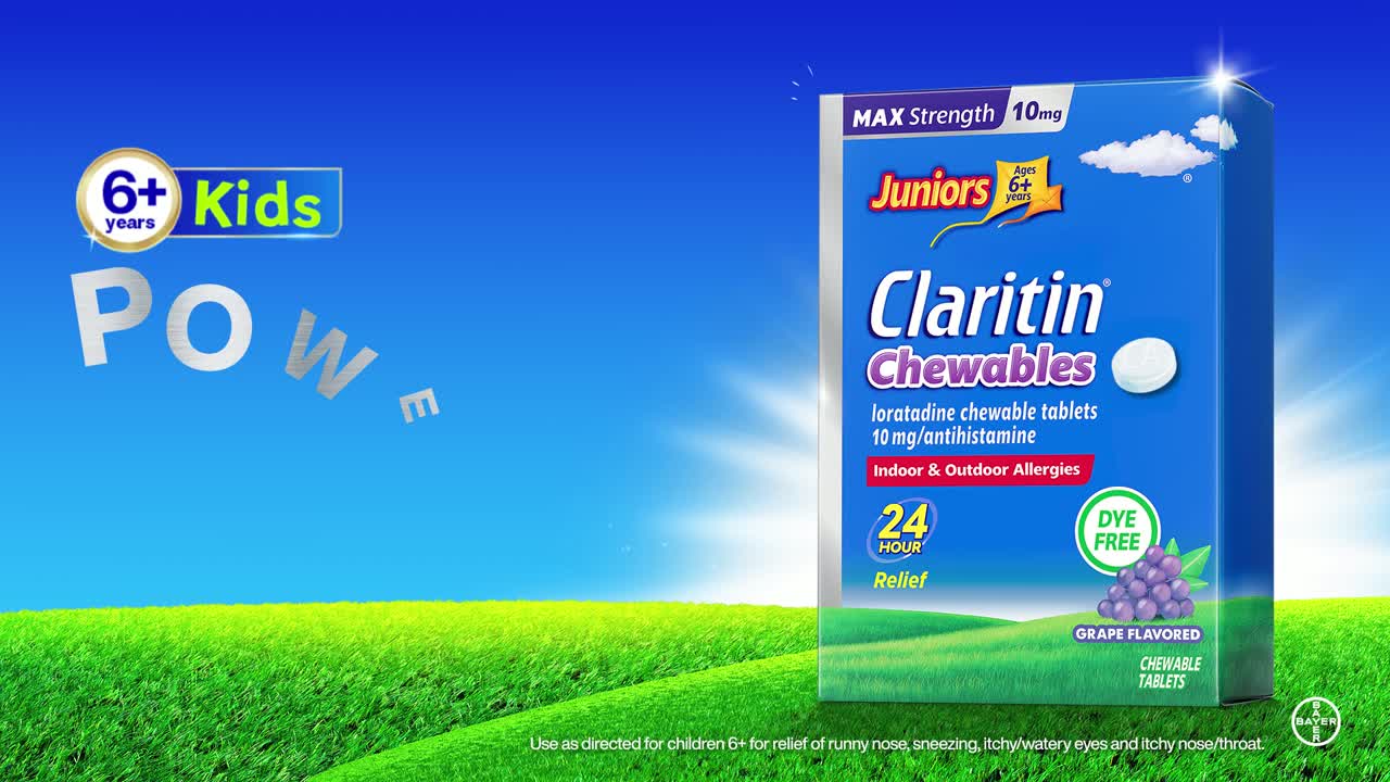 thumbnail video image 2 of CLARITIN Juniors Max Strength 24hr. Chewable 10mg. Grape 30ct, 2 of 9