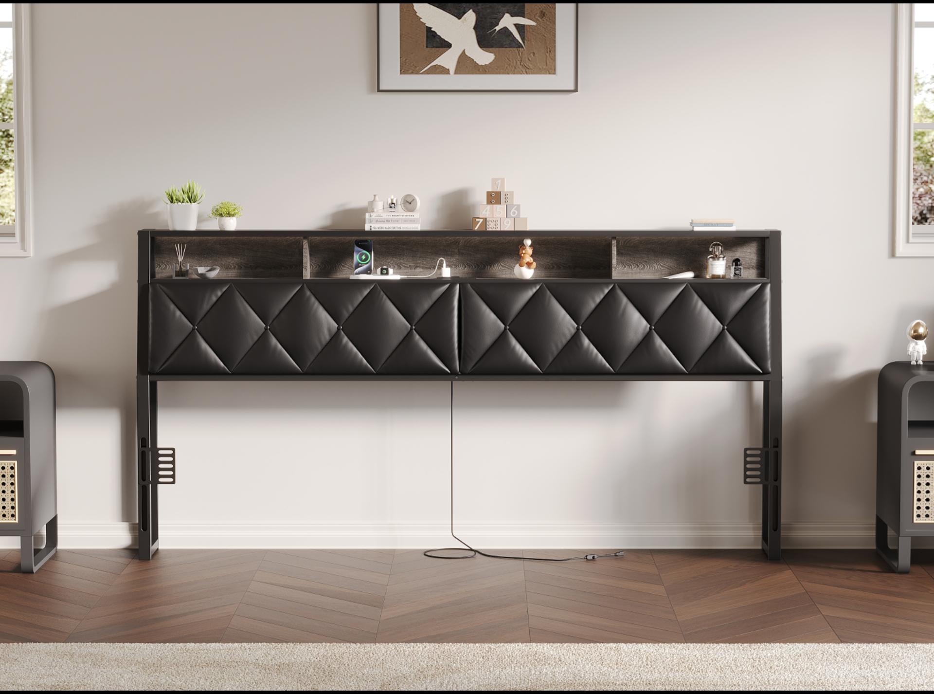 thumbnail video image 2 of King Upholstered Headboard with Storage, LED Lights, Charging Station, Adjustable Fit, Black, 2 of 10