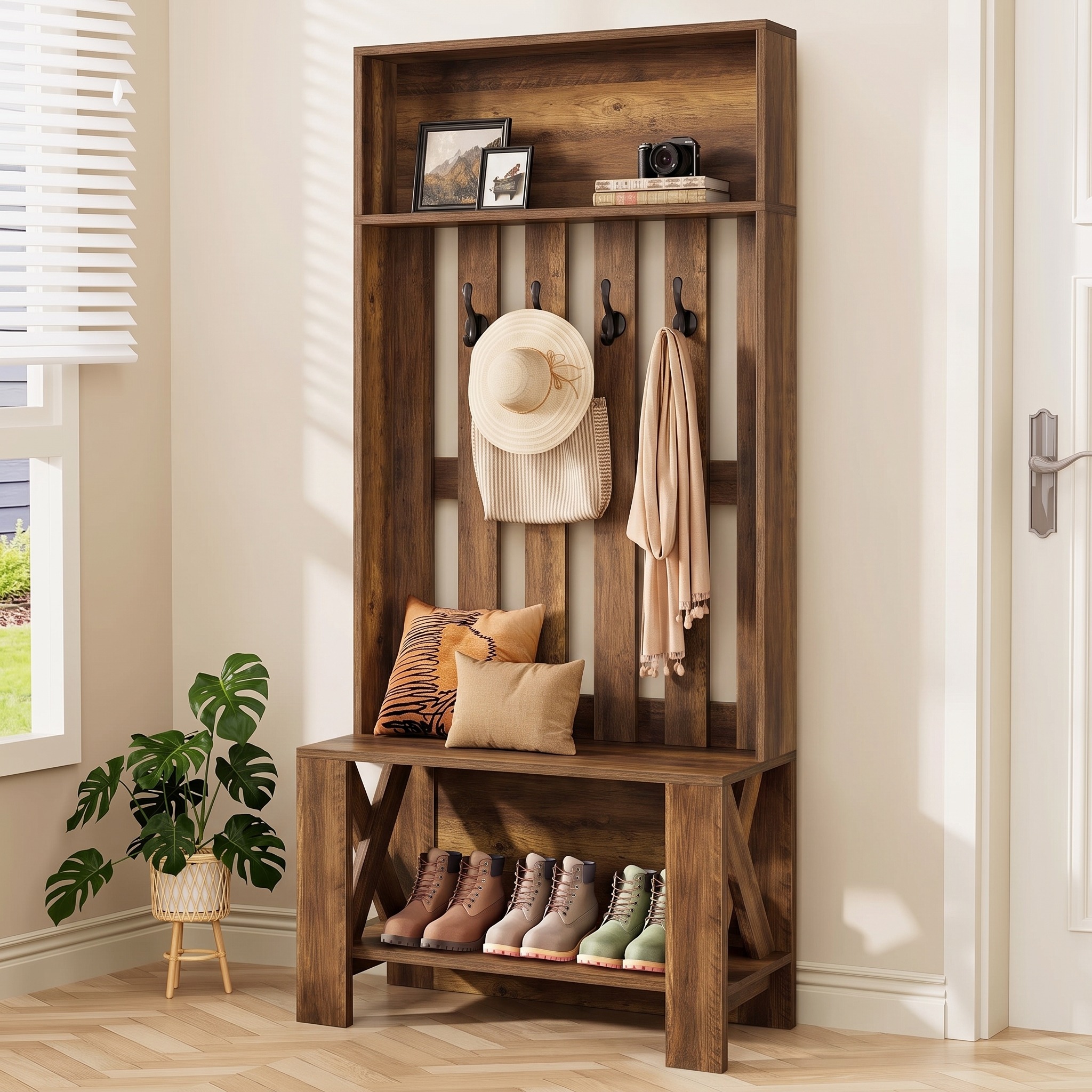 Finmind, Rustic Wood Hall Tree with Bench and Shoe Storage - Walmart.com