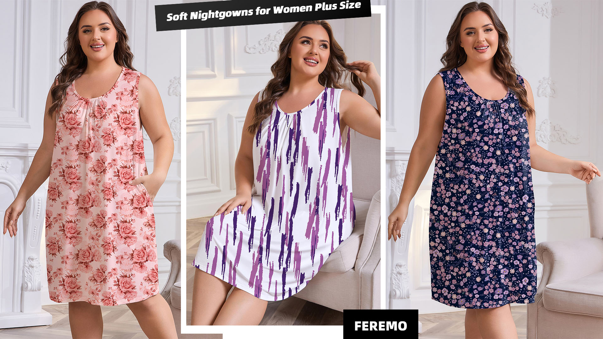 thumbnail video image 2 of FEREMO Nightgowns for Women Plus Size Sleeveless Tank Sleep Dress Soft Print Sleepwear, 2 of 6