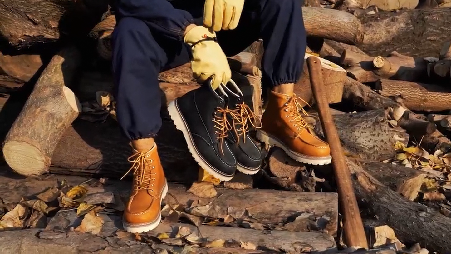 thumbnail video image 2 of SAFETY LOONG Moc Toe Work Boots for Men Soft Toe Comfortable Full-Grain Leather 6" Non Slip and Water Resistant Safety Ankle Workboots Black 9, 2 of 10