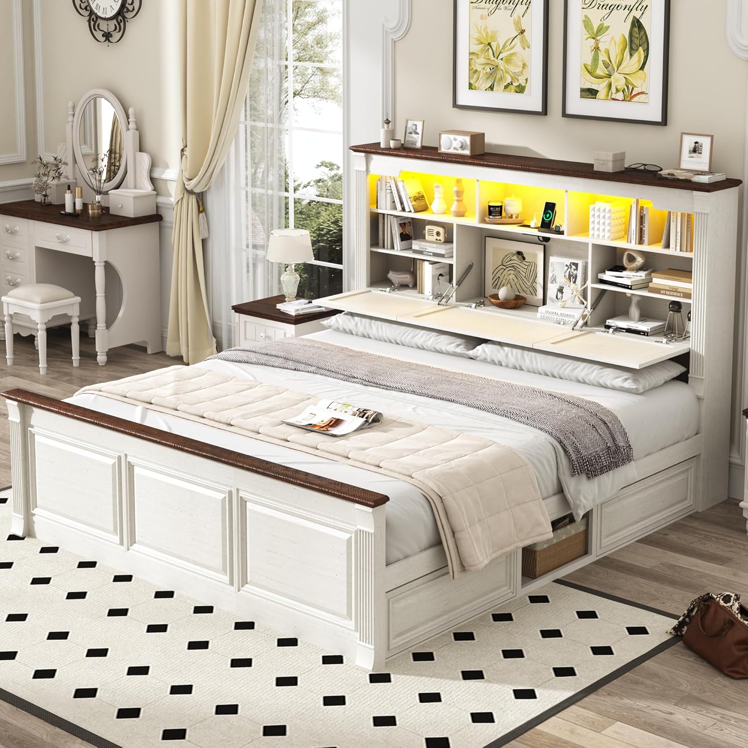 thumbnail video image 2 of Blotout Farmhouse King Size Bed Frame with 55" Tall Storage Bookcase Headboard & 4 Drawers, Wood Platform Bed Frame with 24" Roman Colum Footboard, LED Light, Charging Station, No Box Spring Needed, 2 of 9