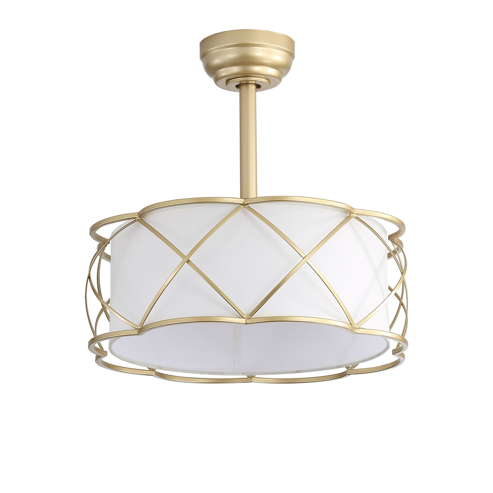 thumbnail video image 2 of Sofucor 20" Gold Caged Ceiling Fan with Light, Fabric Shade, Quiet DC Motor, 6-Speed Remote Control, Reversible, Timer, 2 Downrods, E26 Base (6 Bulbs Included), 2 of 10