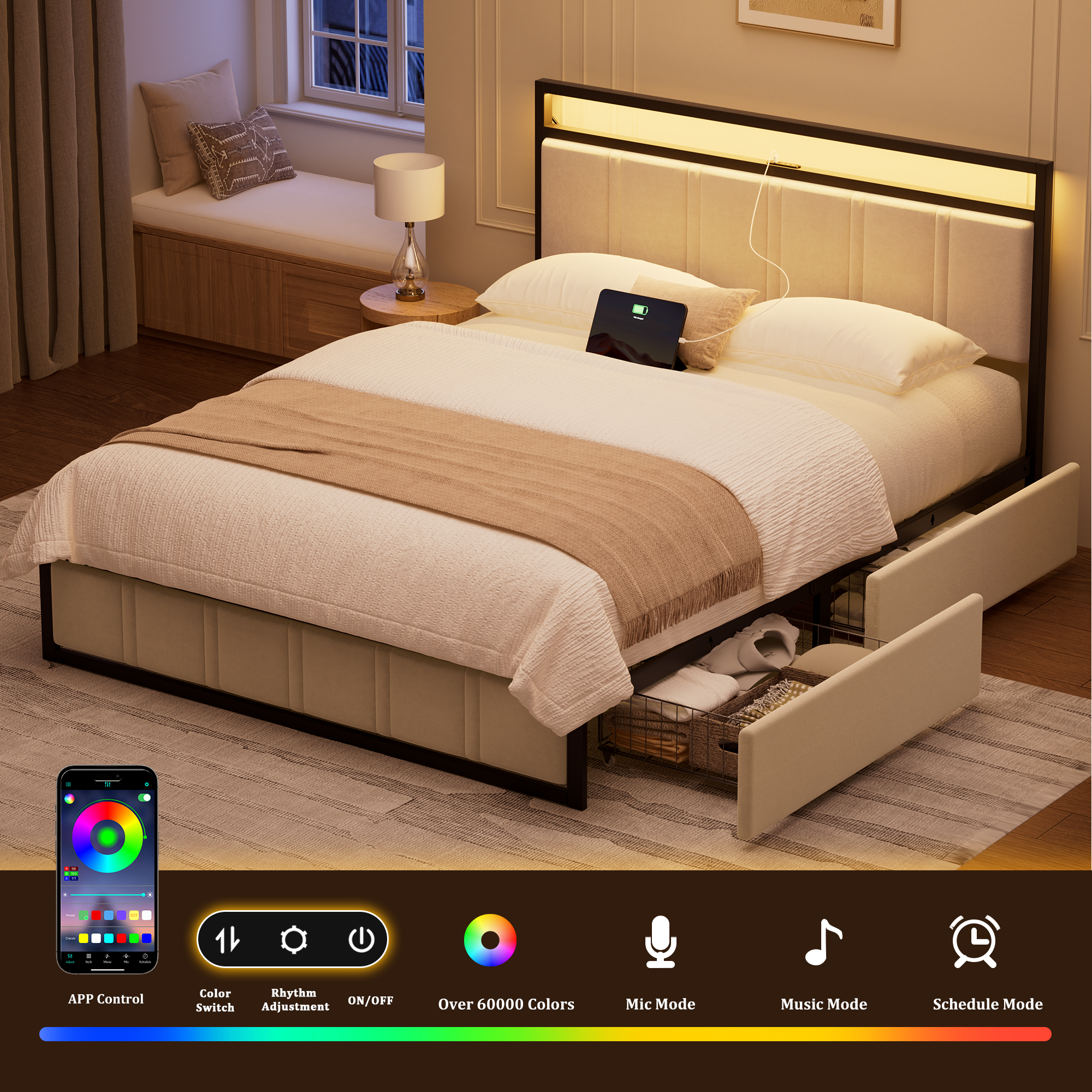 thumbnail video image 2 of GUNAITO King Bed Frame with Headboard, Platform Bed with 2 Drawers, Velvet Upholstered Bed Frame with LED Lights & Charging station，Beige, 2 of 10