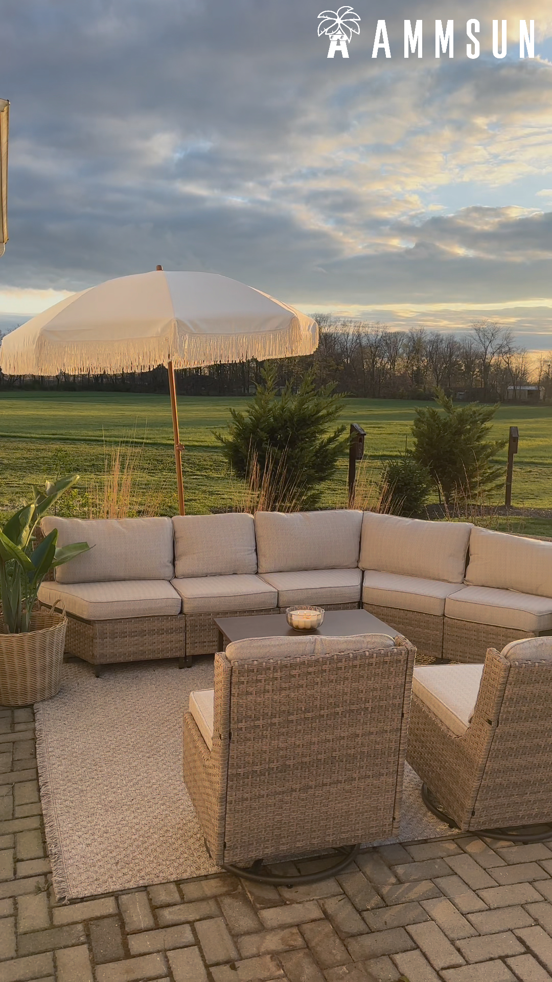 thumbnail video image 2 of AMMSUN 7ft Fringe Patio Umbrella, Outdoor Table Tassels Umbrella with Push Button Tilt UPF50+ Shade Shelter,Cream White Camping Sun, 2 of 11