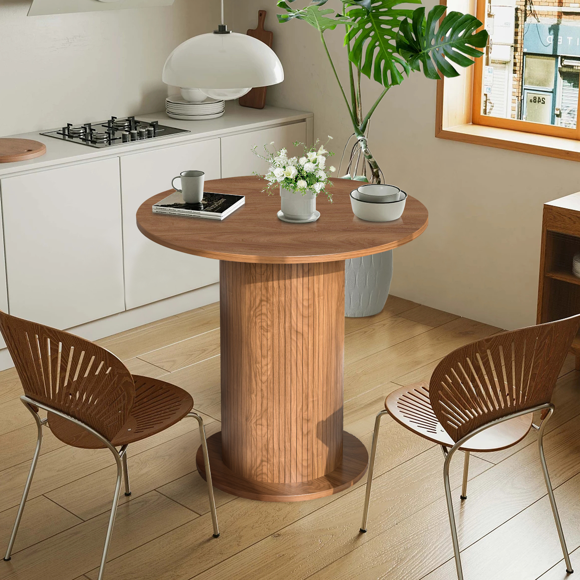 thumbnail video image 2 of 31.5 Inch Round Dining Table Wood for 2, Modern Farmhouse Kitchen Table with Wood Strip Base for Kitchen Living Room, Walnut, 2 of 7