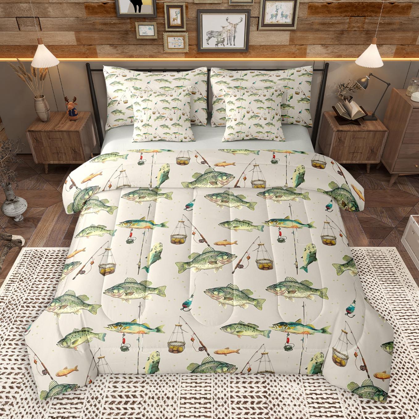 thumbnail video image 2 of Manfei Fishing And Hunting 7-Piece Twin Bedding Sets,Bass Big Fish Bedding Comforter Set,Animals Marine Life Sheet Sets For Teens Boys,Breathable Home Decor Reversible, 2 of 9