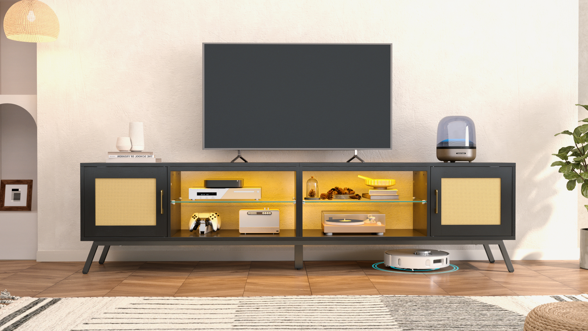 thumbnail video image 2 of Bestier 80" Black TV Stand with LED for TVs up to 85", Rattan Mid Century Modern Entertainment Center, Black, 2 of 11