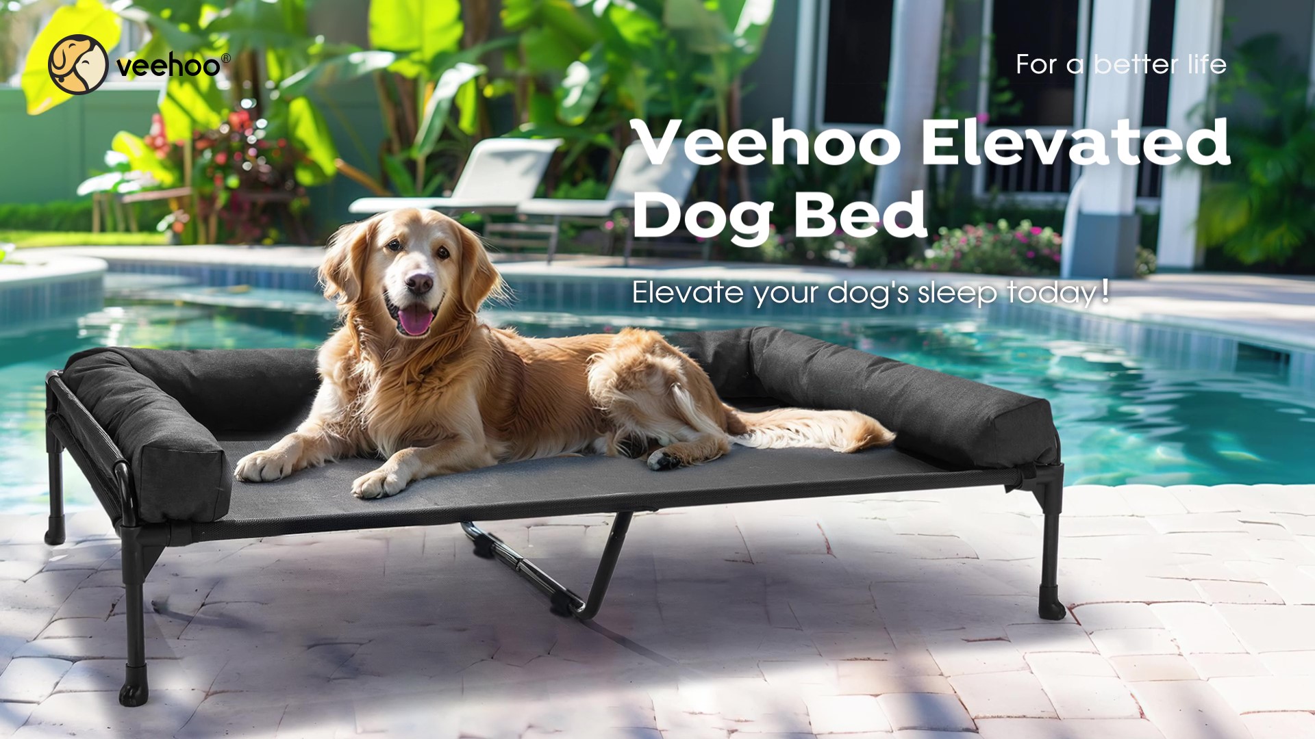 thumbnail video image 2 of Veehoo Cooling Elevated Dog Bed with Removable Bolster, Raised Dog Sofa Bed for Medium Sized Dogs, Indoor and Outdoor Metal Dog Cot with No-Slip Feet & Washable Textilene Mesh, Medium, Beige Coffee, 2 of 10