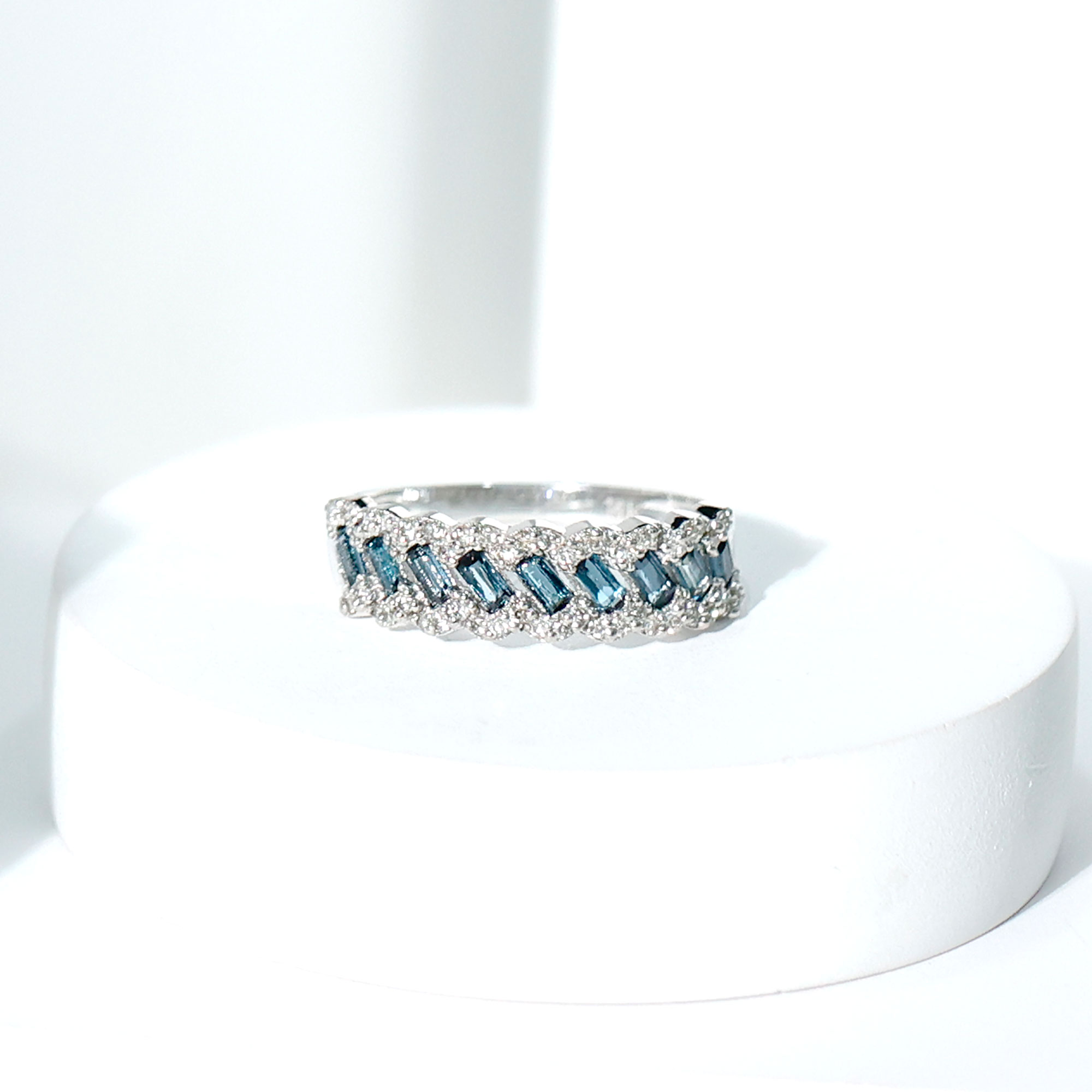 thumbnail video image 2 of Rosec Jewels London Blue Topaz Diamond Half Eternity Band - Blue Topaz Baguette Anniversary Ring - AAA Grade - Ready to Gift, 10K White Gold, US 12.50, 2 of 9