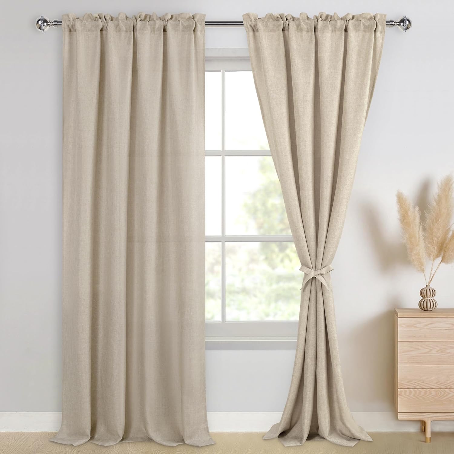 thumbnail video image 2 of XWZO Semi Sheer Faux Linen Privacy Curtains for Bedroom Living Room, Rod Pocket Curtain Drapes, 2 Panels, 52 W x 54 L, Khaki, 2 of 6