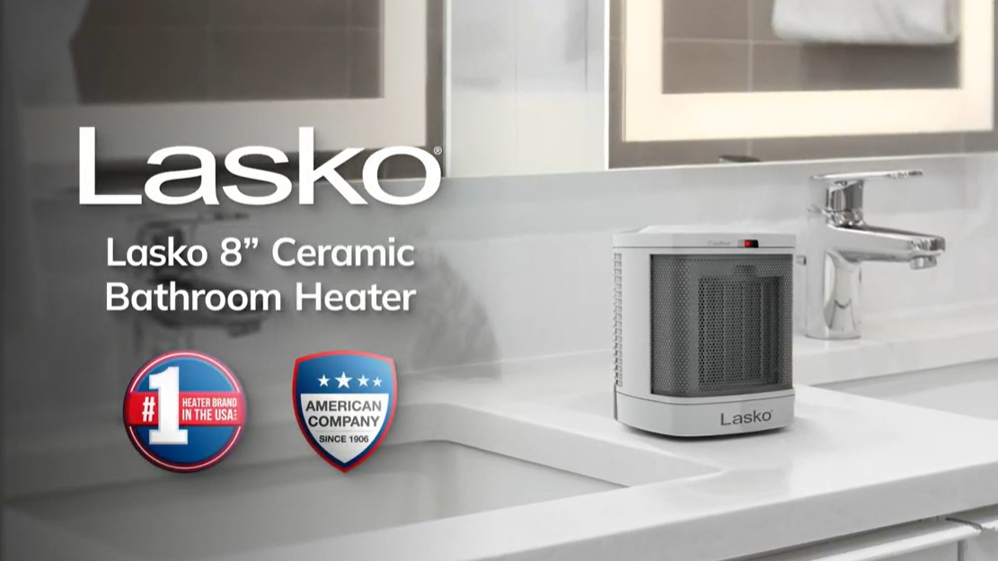 thumbnail video image 2 of Lasko 8" 1500W Bathroom Space Heater with ALCI Safety Plug and Timer, White, CD08200, 2 of 11