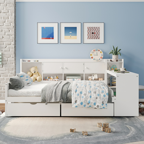 thumbnail video image 2 of Twin Bed Frames with Storage, L-Shaped Corner Beds with Desk, Wood Daybed with Bookcase, Platform Beds with Drawers and Shelves for Living Room, Bedroom, Teens Room, Natural +White, 2 of 8