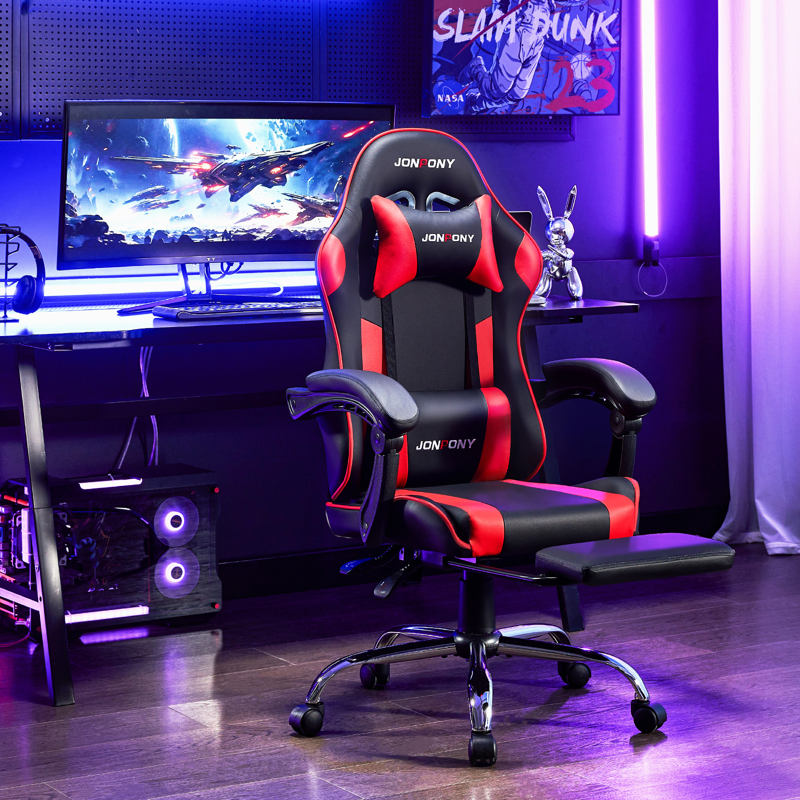 thumbnail video image 2 of JONPONY Big and Tall Gaming Chair, Ergonomic Design, Gamer Chair PU Leather with Footrest and Lumbar Support, High Back Office Chair Support 8 Hours Long Sitting, Computer Chair,Black Red, 2 of 9