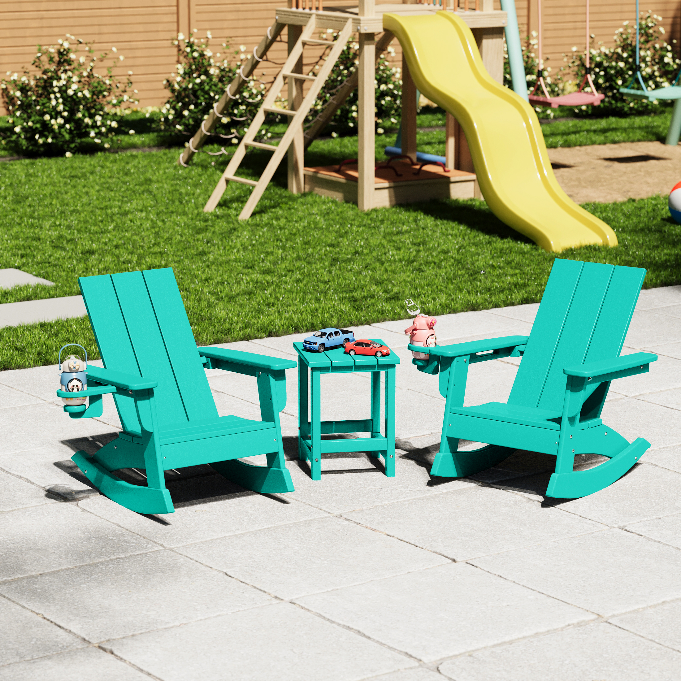 thumbnail video image 2 of WestinTrends Ashore 3-Piece Kids Modern Rocking Chair With Cup Holder and Square Side Table Set, Turquoise, 2 of 13