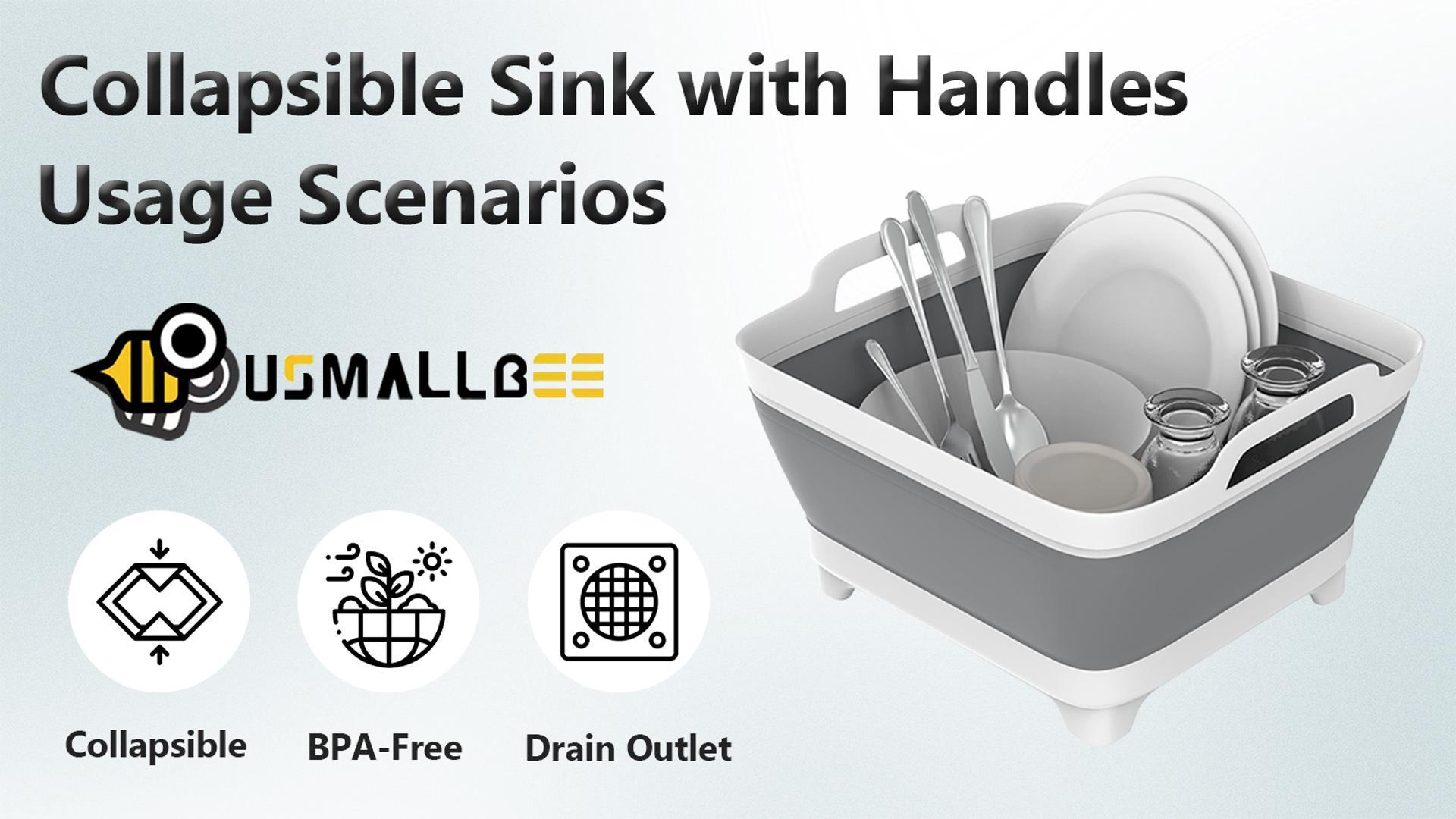 thumbnail video image 2 of Usmallbee Collapsible Bucket with Handles, 2.4Gal / 9L Capacity Portable Sink with Drain Plug, Foldable Wash Basin, Foldable Plastic Tub for Camping, Washing and Finishing, 2 of 8