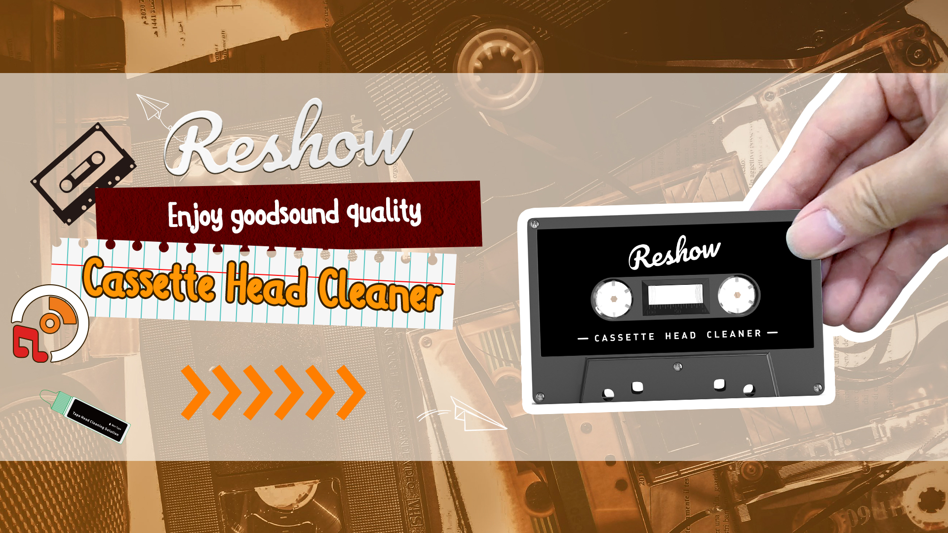 thumbnail video image 2 of Reshow Audio Tape Cassette Head Cleaner with 2 Cleaning Fluids Care Wet Maintenance Kit for Cassette Tape Player/Boombox/Deck/Recorder, 2 of 8