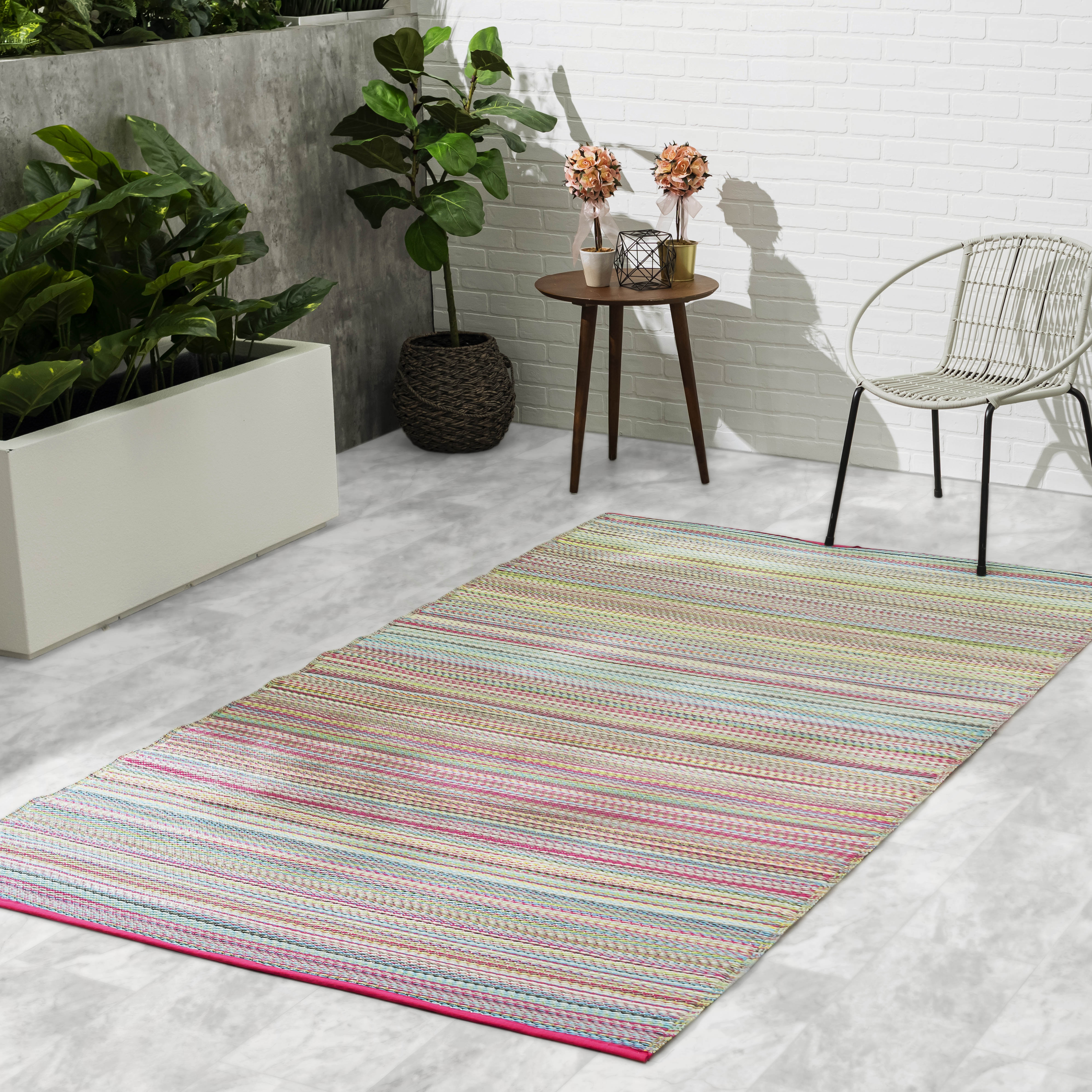 thumbnail video image 2 of Fab Habitat Outdoor Rug - Waterproof, Fade Resistant, Crease-Free - Premium Recycled Plastic - Striped - Porch, Deck, Balcony, Mudroom, Laundry Room, Patio - Cancun - Candy - 3 x 5 ft, 2 of 8