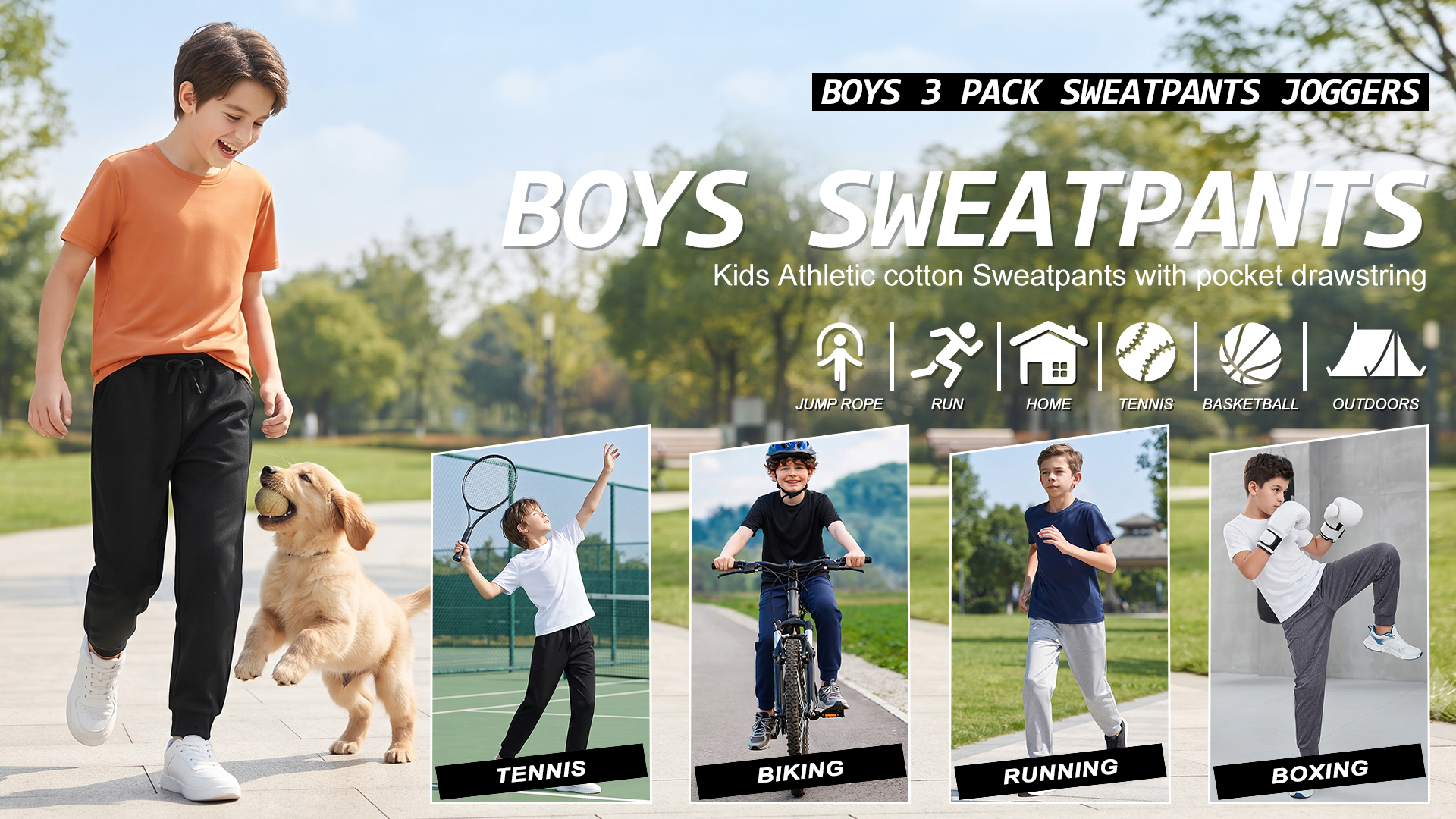 thumbnail video image 2 of Muvtei Boys Sweatpants 3 Pack Athletic Workout Kids Casual Pants Boys Joggers with Pocket and Elastic Drawstring Waist Size 6-16, 2 of 4