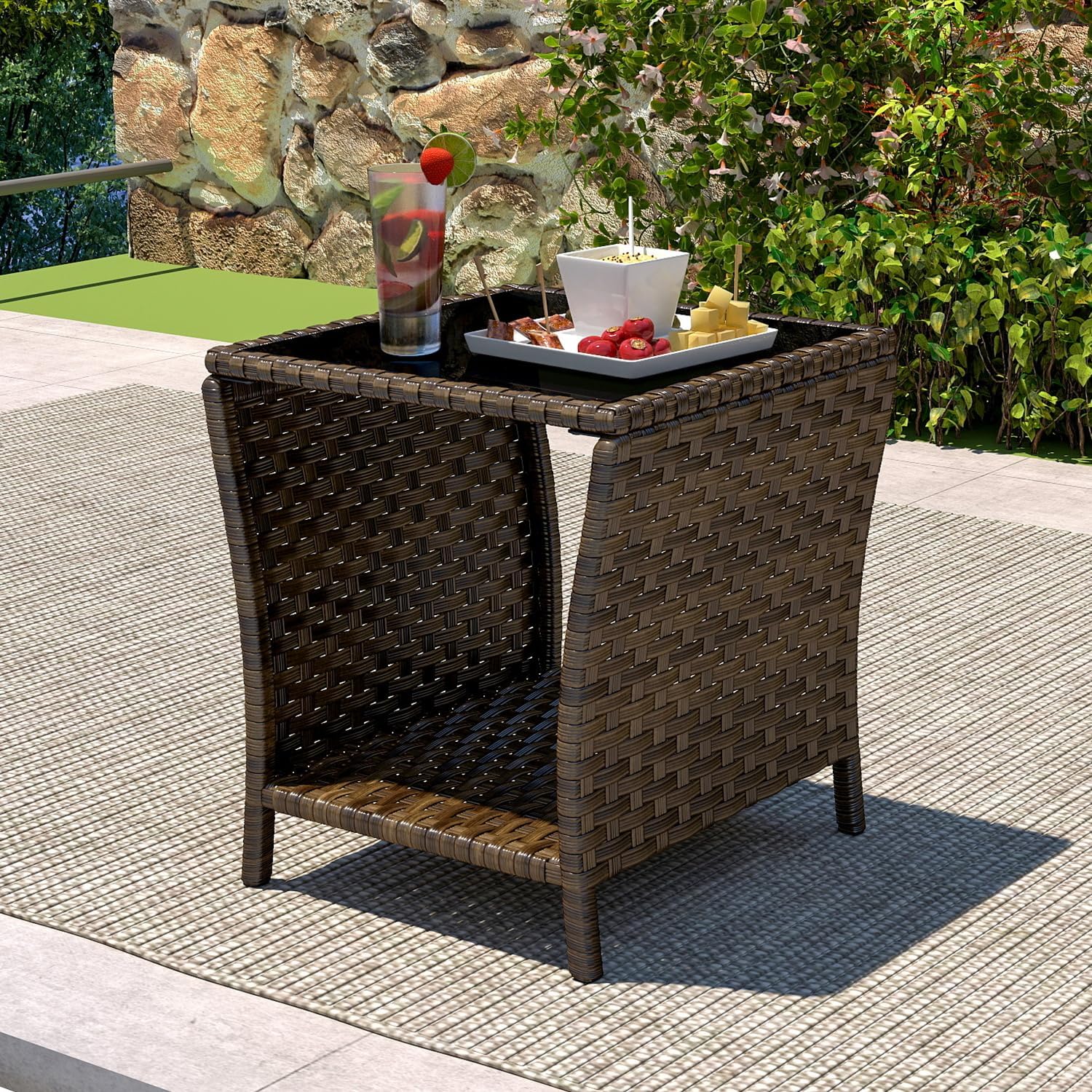 thumbnail video image 2 of Kinbor Outdoor Wicker Side Table – Roud Patio End Table with Tempered Glass Top, Rubber Suction Pads & Storage Shelf, All-Weather Rattan Coffee Table for Balcony, Porch, Deck, Garden, Easy Assembly, 2 of 8