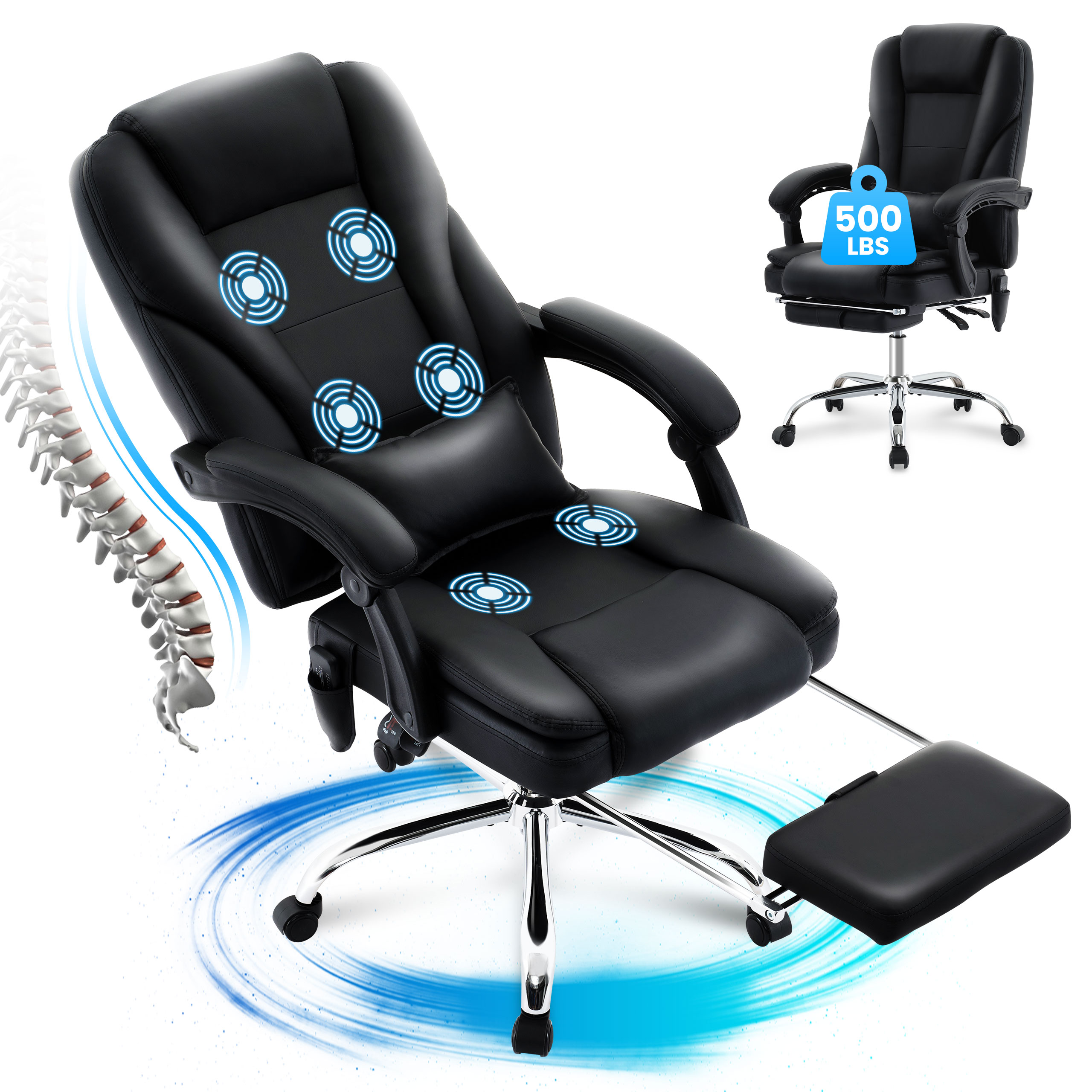 thumbnail video image 2 of JONPONY Big and Tall Office Chair 500LBS Executive Office Chair Massage and Footrest Ergonomic Computer Desk Chair Reclining High Back Leather Office Chair Lumbar Back Support Swivel Rolling,Black, 2 of 15