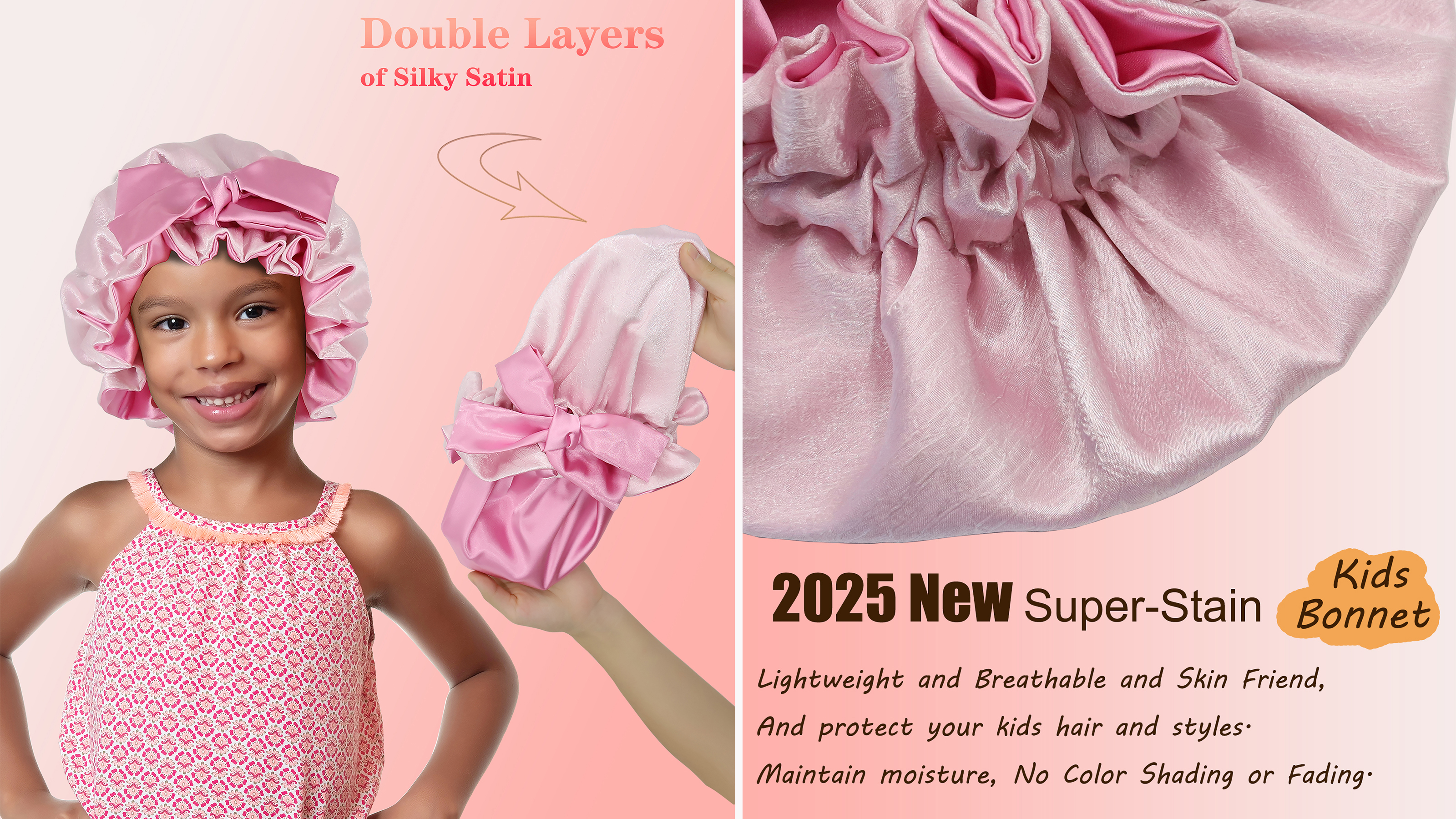 thumbnail video image 2 of SENGTERM Kids Bonnet for Girls New Silk Bonnets for Kids,Double Layer Satin Bonnet,Tie Band Adjustable Sleep Cap for Child Curly Hair(3-12years)), 2 of 7