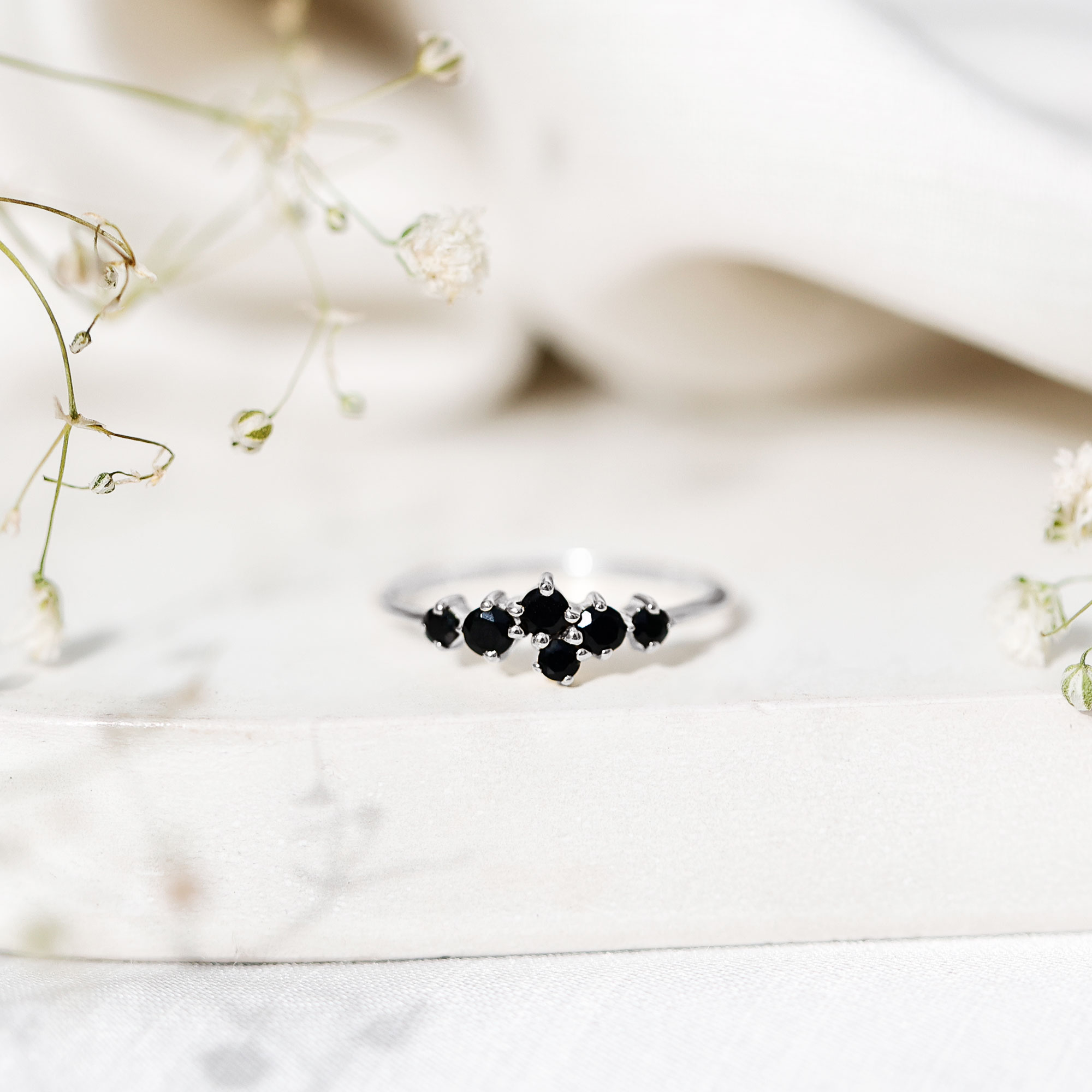 thumbnail video image 2 of Rosec Jewels Natural Black Onyx Promise Ring for Women - Minimal Cluster Ring (AAA Quality) - with Jewelry Box, 18K White Gold, US 11.00, 2 of 8