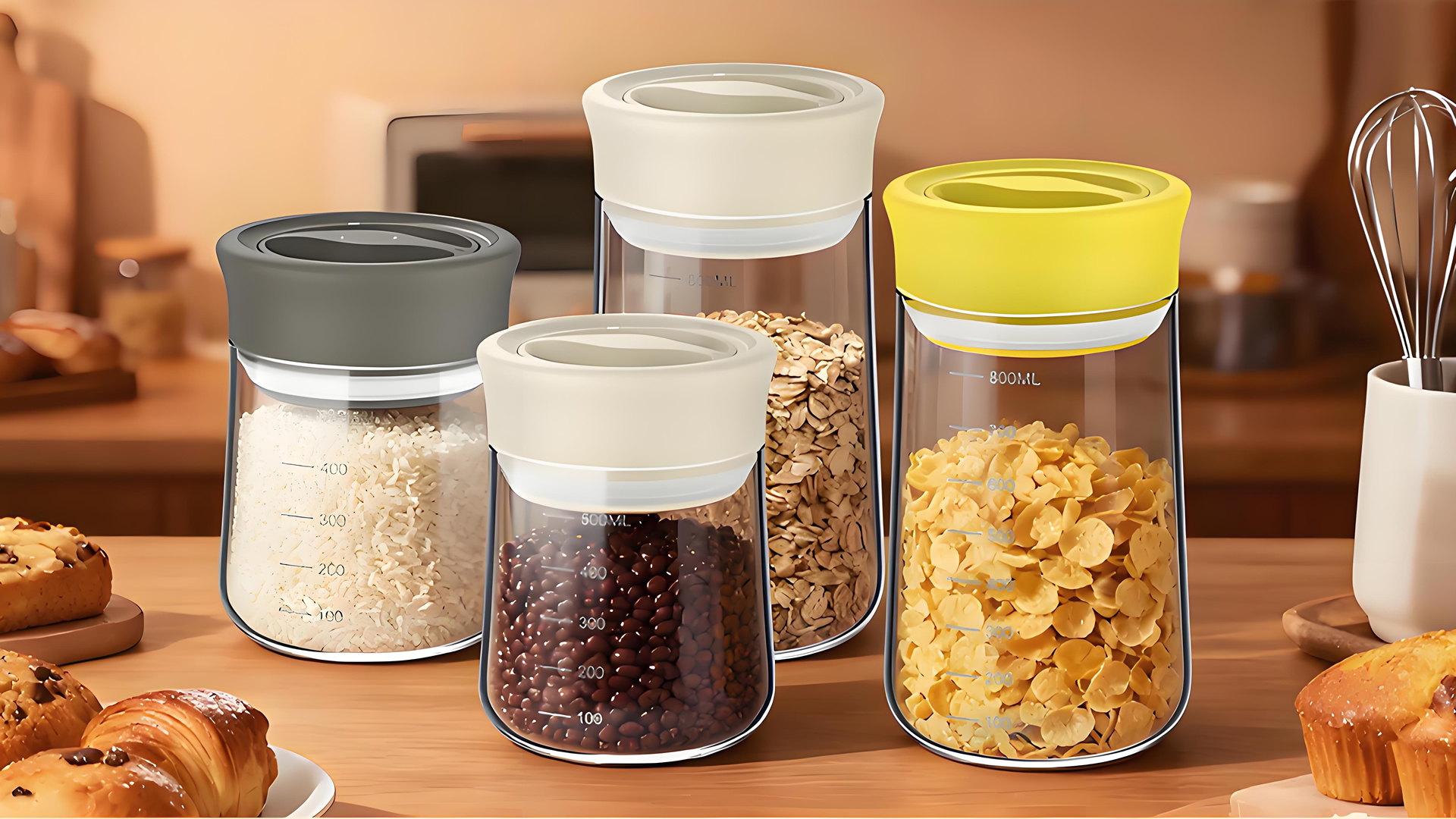 thumbnail video image 2 of Food Storage Jar, Coffee Bean Container Bottle, Coffee Powder Storage Container, BPA Free, Kitchen Utensil, Glass Spice Tank, 2 of 11