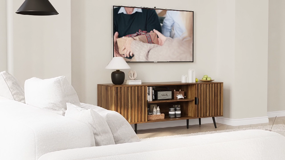 thumbnail video image 2 of Smuxee Mid-century Fluted TV Stand for 65 Inch TV, Walnut, 2 of 7