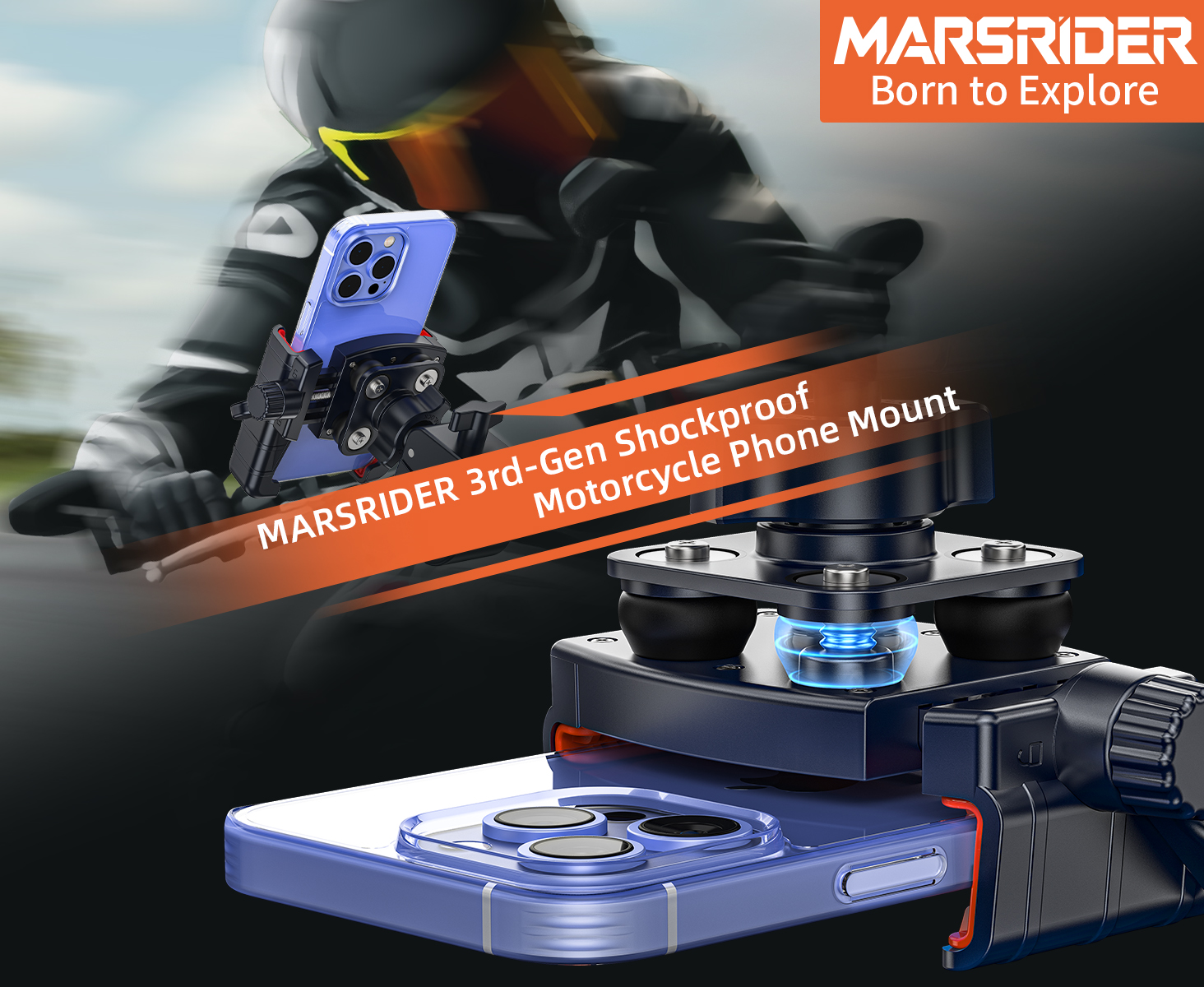 thumbnail video image 2 of Marsrider 3rd Gen Shockproof Bike Phone Holder, Anti Vibration Motorcycle Phone Mount with Secure Lock, Universal Handlebar Mount for E-Bike, Electric Scooter, Bicycle, ATV, Fits 4.7-7 Inch Phones, 2 of 10