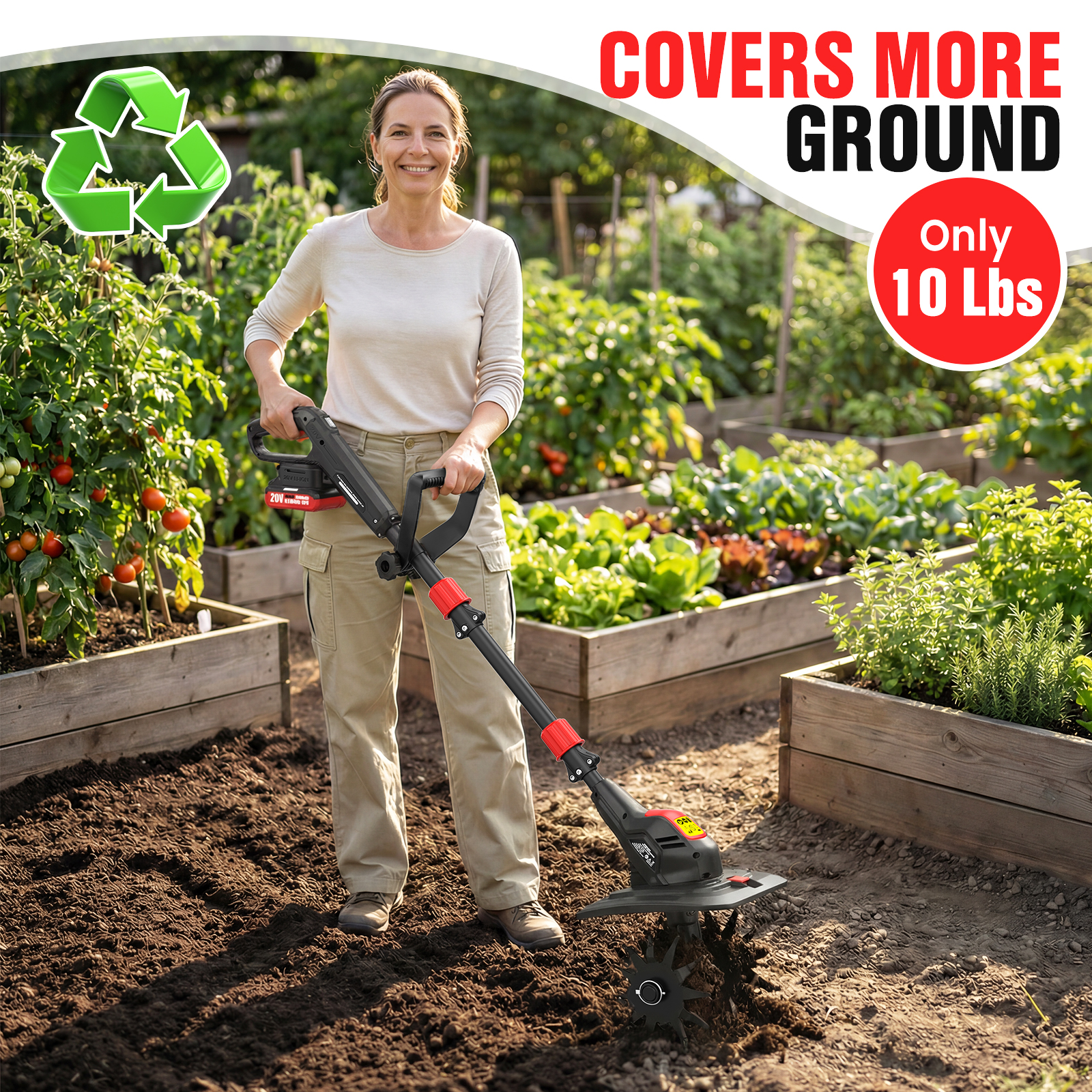 thumbnail video image 2 of EWORK Cordless Tiller Cultivator 20V, 2x2.0Ah Battery, 80-Minute Runtime, 9-Inch Width 7-Inch Depth Electric Garden Tiller, 2 of 8