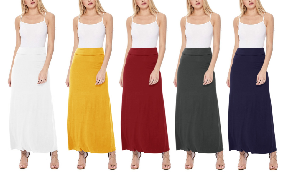thumbnail video image 2 of Moa Collection Women's Maxi Length High Waist Foldable Waistband Solid Skirt, 2 of 6