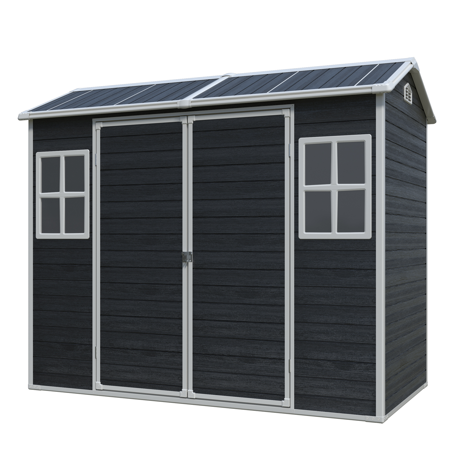 thumbnail video image 2 of 8x4ft Outdoor Storage Shed with Lockable Double Doors - Heavy Duty Resin Garden Shed with Floor, 2 Windows & Vents, Waterproof Tool Storage for Patio/Yard (Black), 2 of 9
