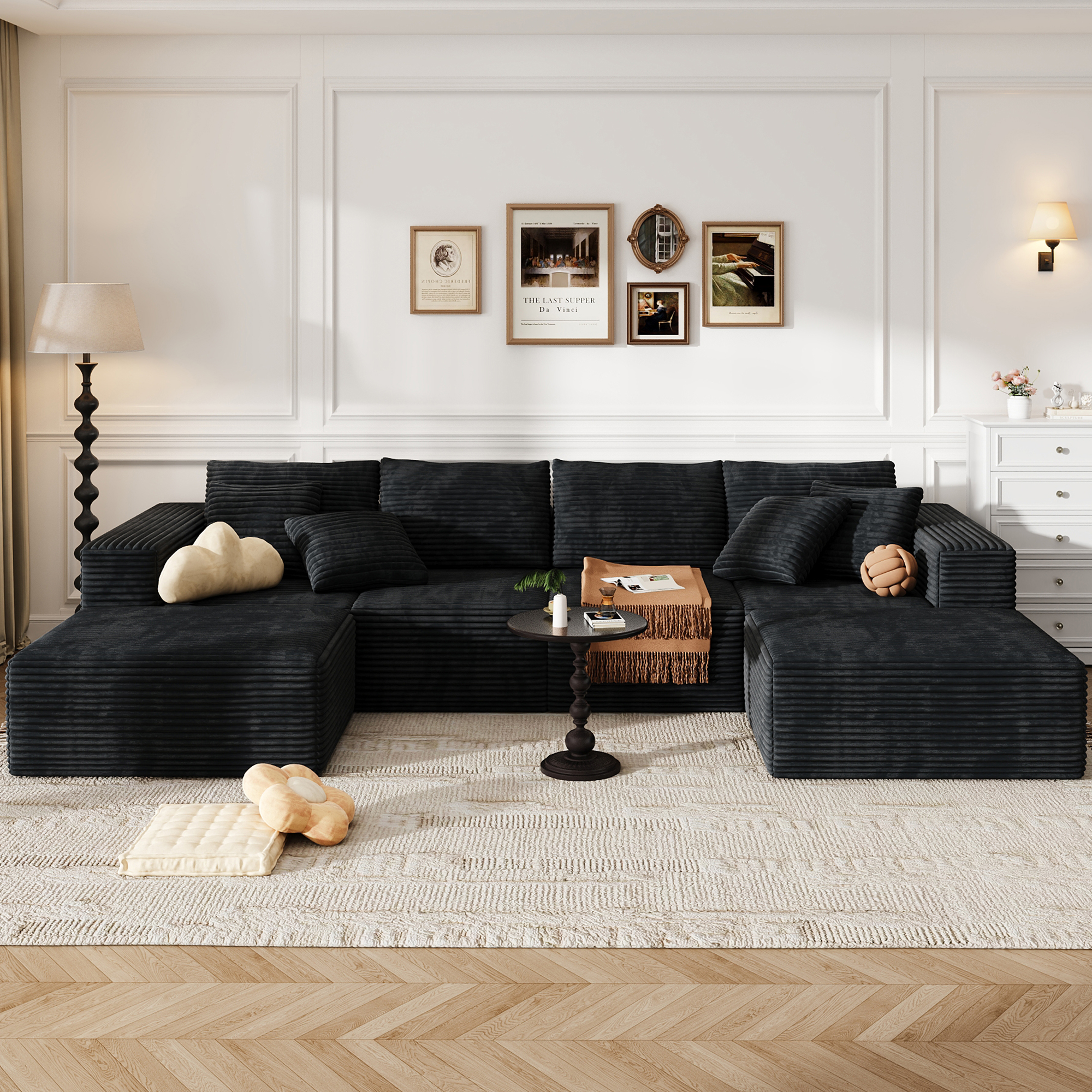 thumbnail video image 2 of 137 inch U-Shaped Sectional Sofa, Cloud-Like Big Modular Couch with Chaise, No Assembly Required, High Density Foam Never Sags, Soft Corduroy Fabric Sofa for Large Space, (White), 2 of 12