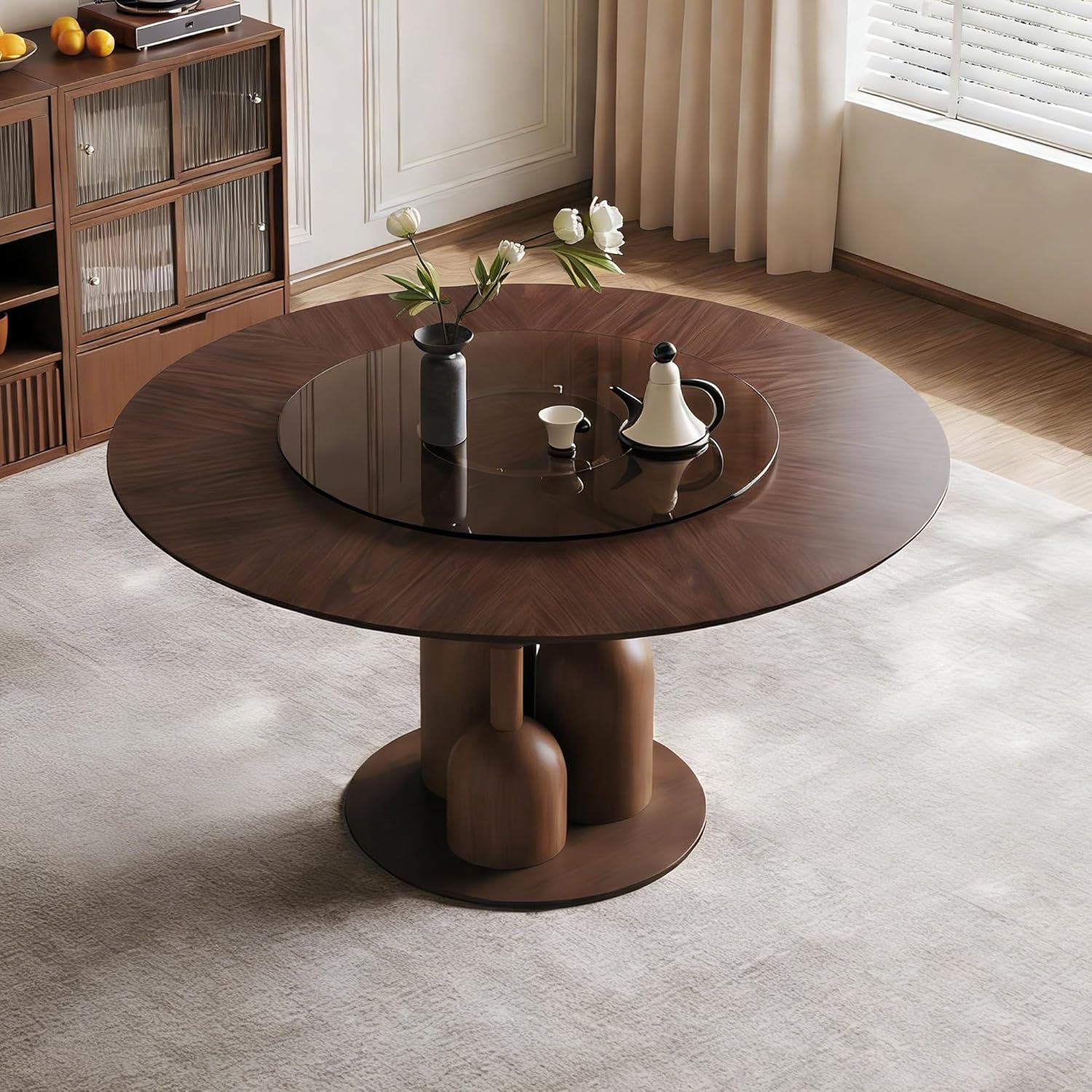 thumbnail video image 2 of Montary 59-inch Wabi-Sabi Oak Round Dining Table Set with 4 Chairs & 35-inch Floating Glass Lazy Susan, Handcrafted Japanese Style Sculptural Solid Wood Dining Set for Living Room & Restaurant, 2 of 9