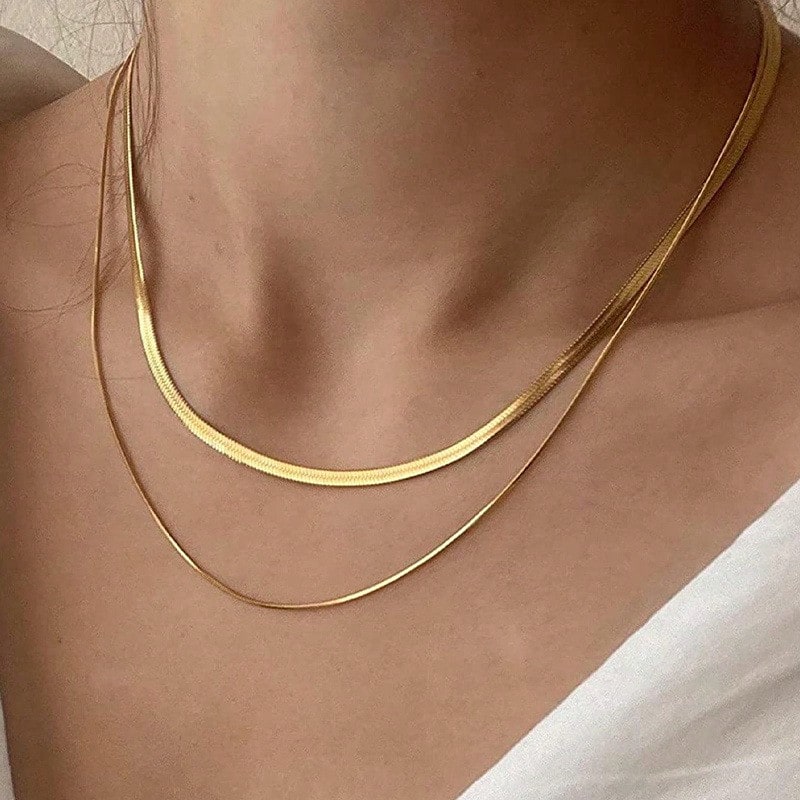 thumbnail video image 2 of 1pc  18k Gold Plated Layered Flat Herringbone Chains & Box chain Necklace for Women, 1MM & 4MM, 2 of 6