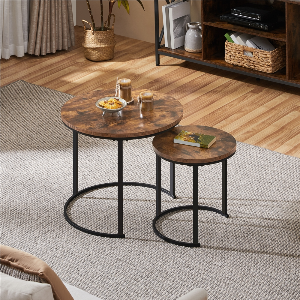thumbnail video image 2 of Alden Design Nesting Coffee Table Set with Round Wooden Tabletop for Living Room, Rustic Brown, 2 of 11