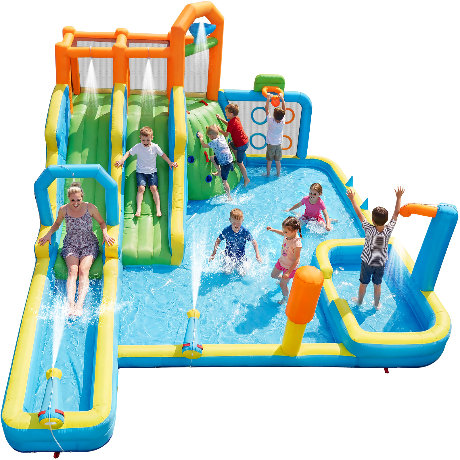 thumbnail video image 2 of Adnoom Giant Inflatable Water Slide Park for Adults Big Kids 5+, 11in1 Outdoor Inflatable Pool Water Slide with 950w Blower, Backyard Bouncy Castle Large Splash Pool&Deep Pool, 2 of 13