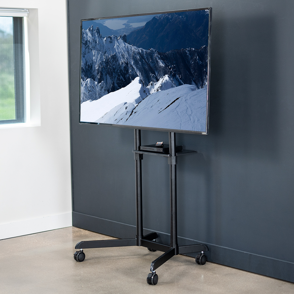 thumbnail video image 2 of VIVO Black Mobile Portrait to Landscape TV Cart for 32" to 88" Flat Screens, 2 of 5