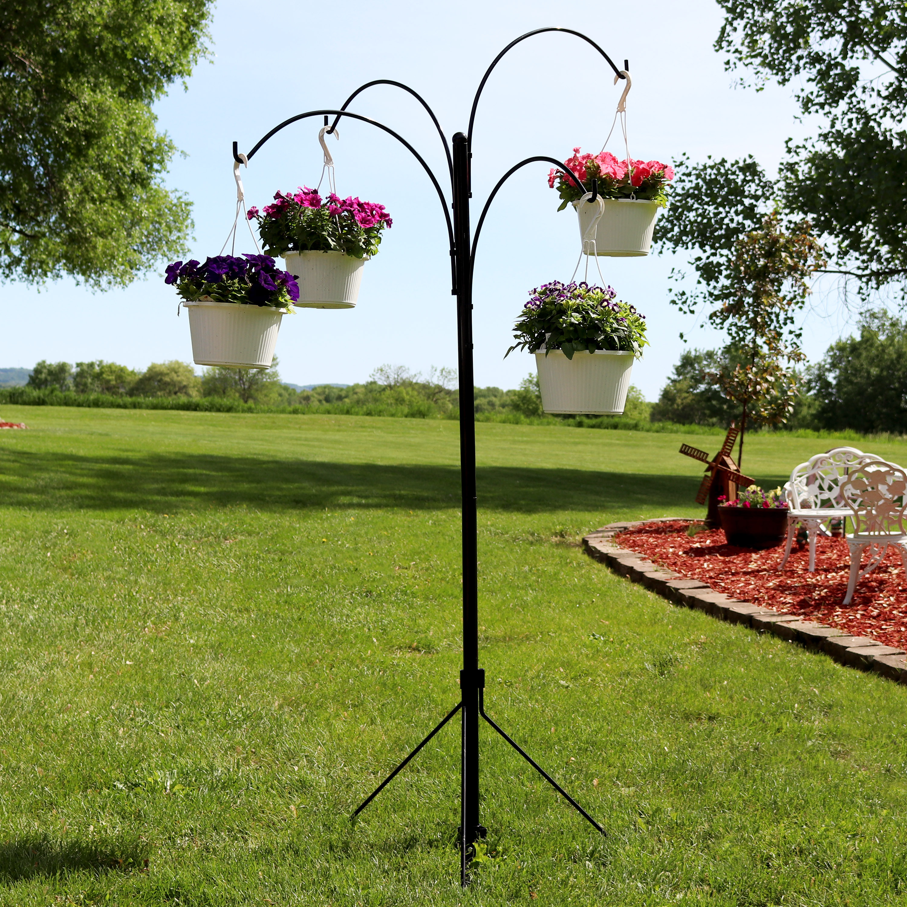 thumbnail video image 2 of Sunnydaze Black Steel Hanging Basket Plant Stand with Adjustable Arms, 2 of 8