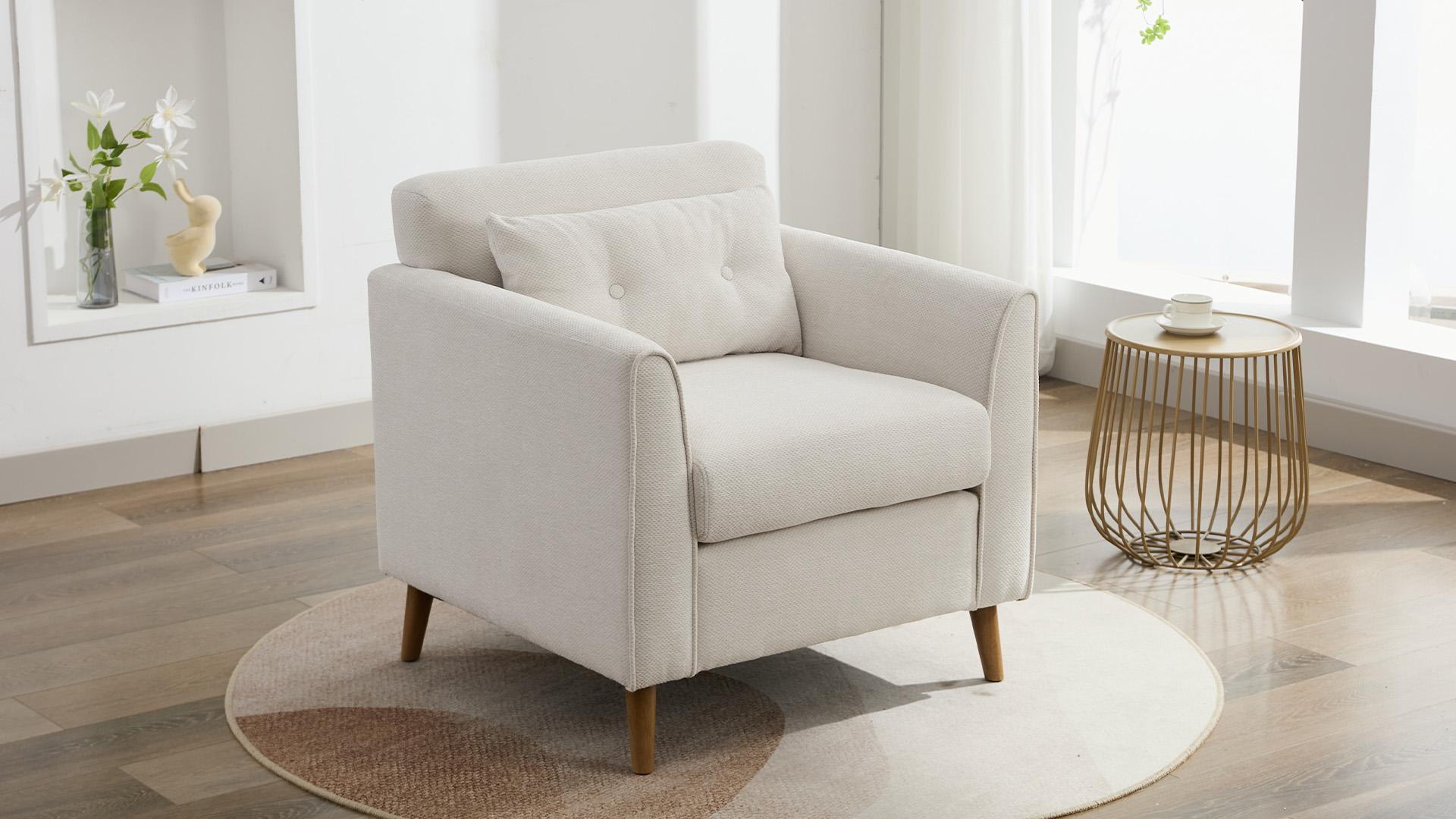 thumbnail video image 2 of JURANYAZHU Modern Accent Chair with Cushion,Soft-Padded Wide Armchair,Solid Wood Leg Design Suitable for Bedroom,Living Room, and Office,White, 2 of 7