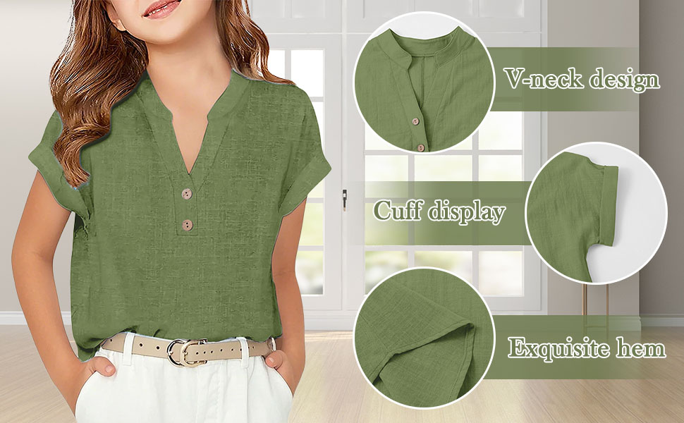 thumbnail video image 2 of XIYNBAOK Shirts for Girls Summer Casual Button V Neck Tunic Blouses 2026 Kids Trendy Lightweight Plain Color Short Sleeve Tops Teens Girl Vacation Beach Clothes, 2 of 9