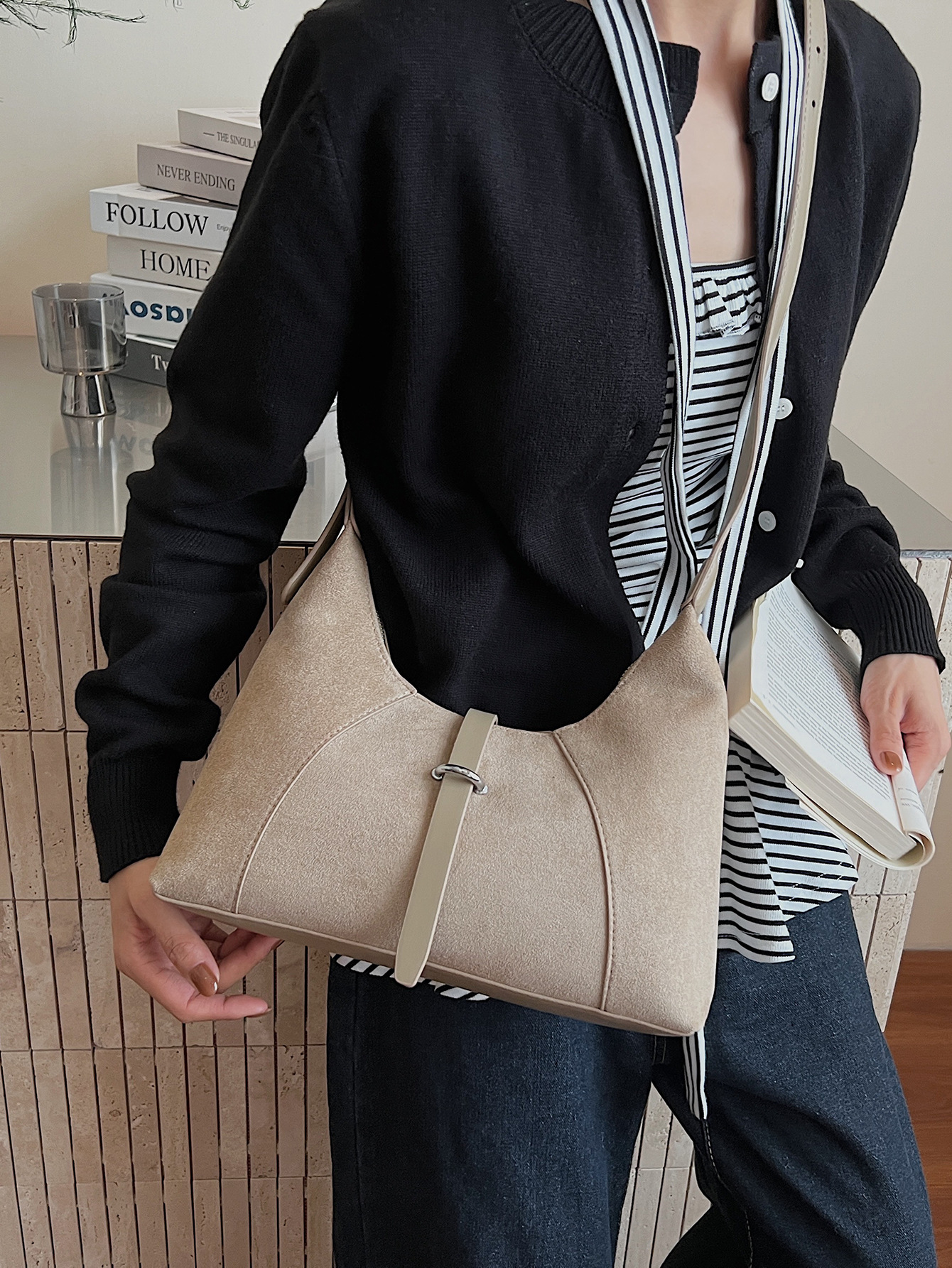 thumbnail video image 2 of Sunyeur Womens Vintage Faux Suede Shoulder Bag, Trendy Dumpling Crossbody Handbag Hobo Bag Commuter Satchels, 2 of 7