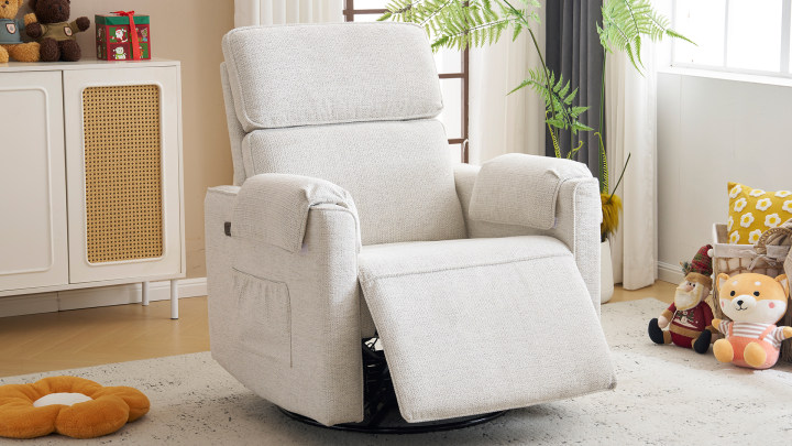 thumbnail video image 2 of Oversized Power Recliner Chair, 26" Extra Wide Swivel Rocker Recliner with Adjustable Headrest, Chenille Glider Rocking Nursery Chair with Overstuffed Armrest, USB Ports, Cream, 2 of 9