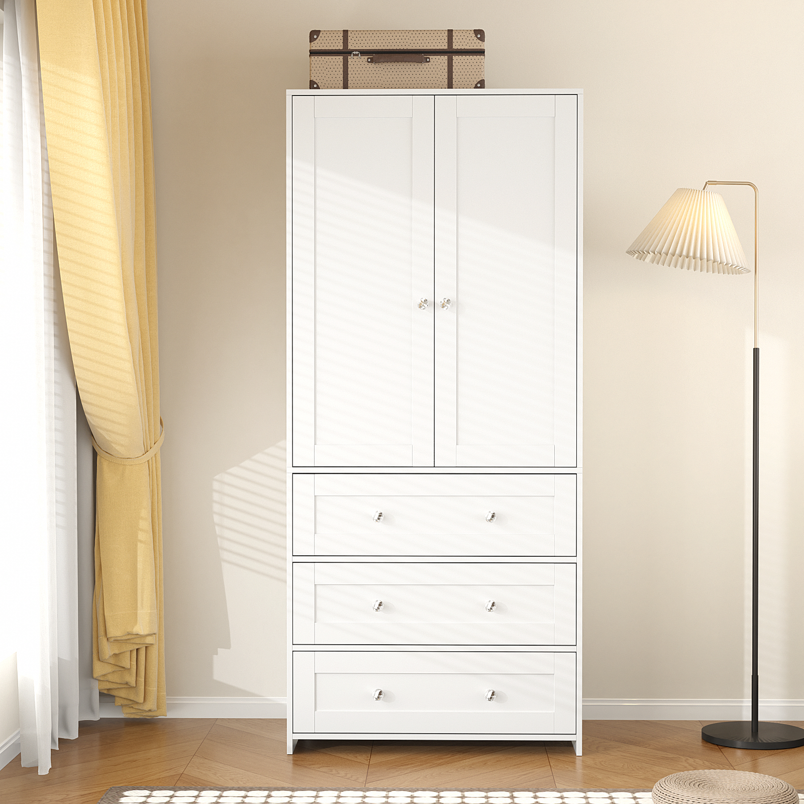 thumbnail video image 2 of Richya Wooden Freestanding Wardrobe Closet Cabinet with 3 Drawers,Modern Wood Closet Storage Cabinet for Bedroom, 2 of 7
